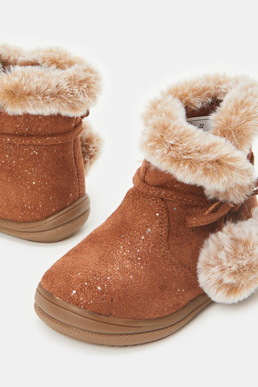 Infant Girls Brown Pom Pom Ankle Boots