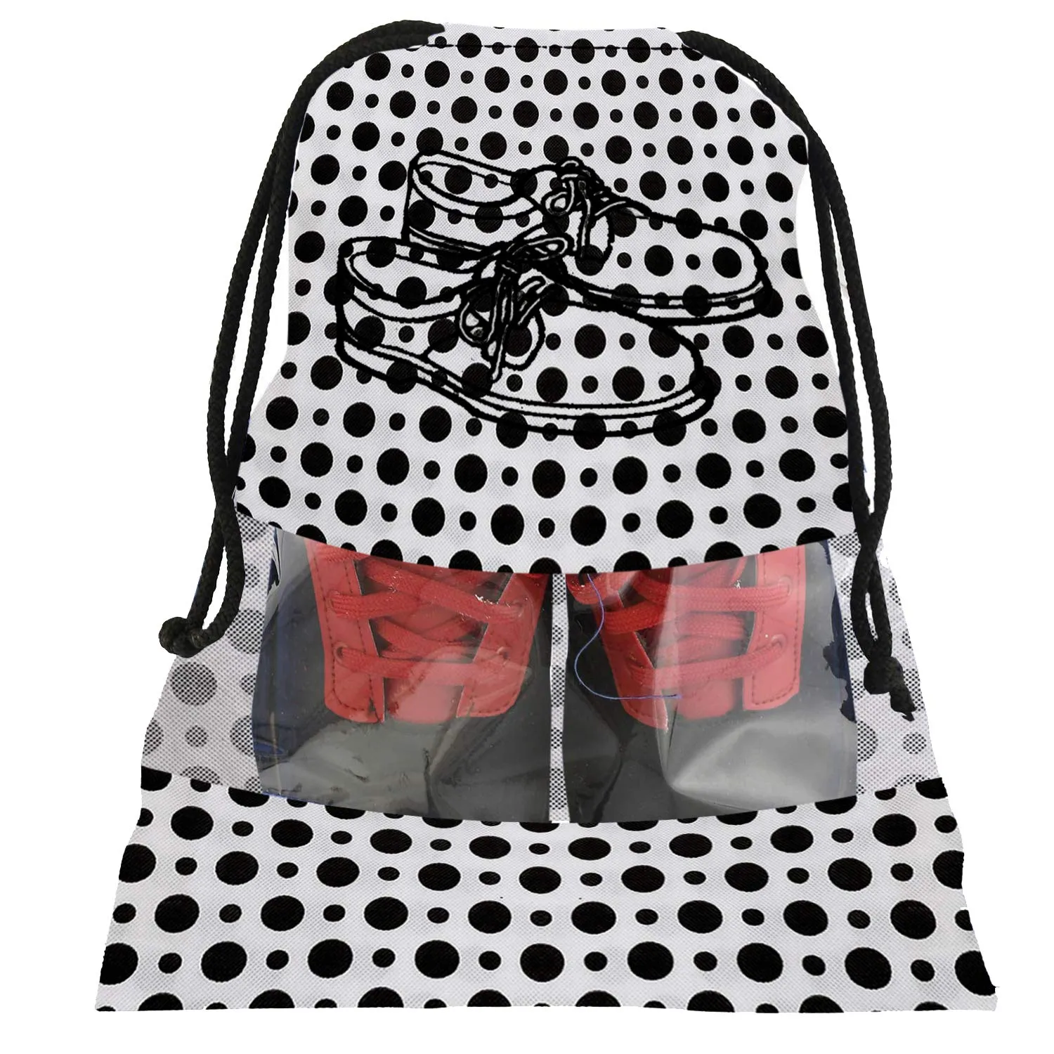 Kuber Industries Shoe Bag for Travel|Shoe Cover for Storage|Convenient Draw-String Bag|Perfect for Travel, Tracking|Polka Dots Print|Pack of 6 (Black & White)