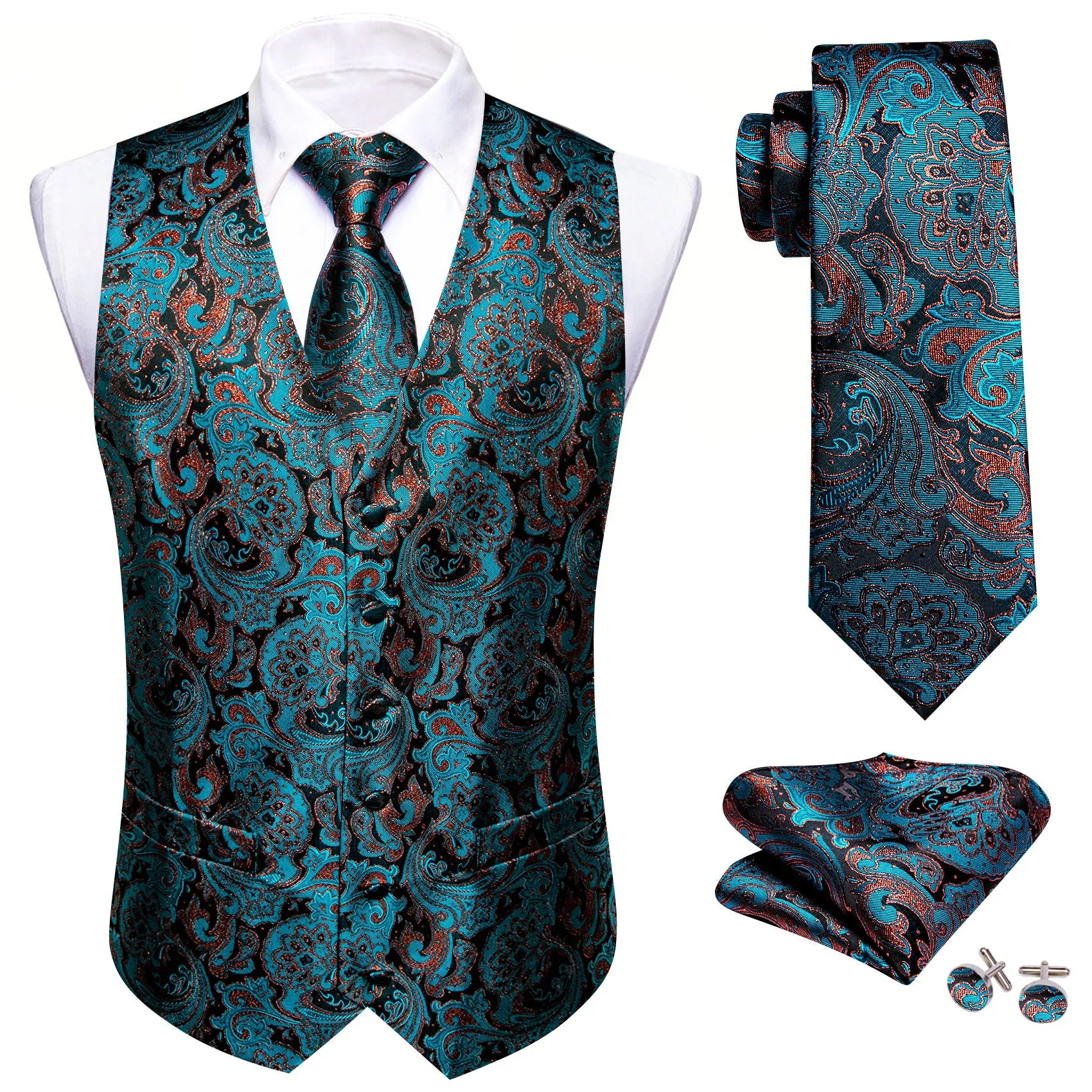 Lake Blue Brown Paisley Jacquard Silk Men's Vest Hanky Cufflinks Tie Set