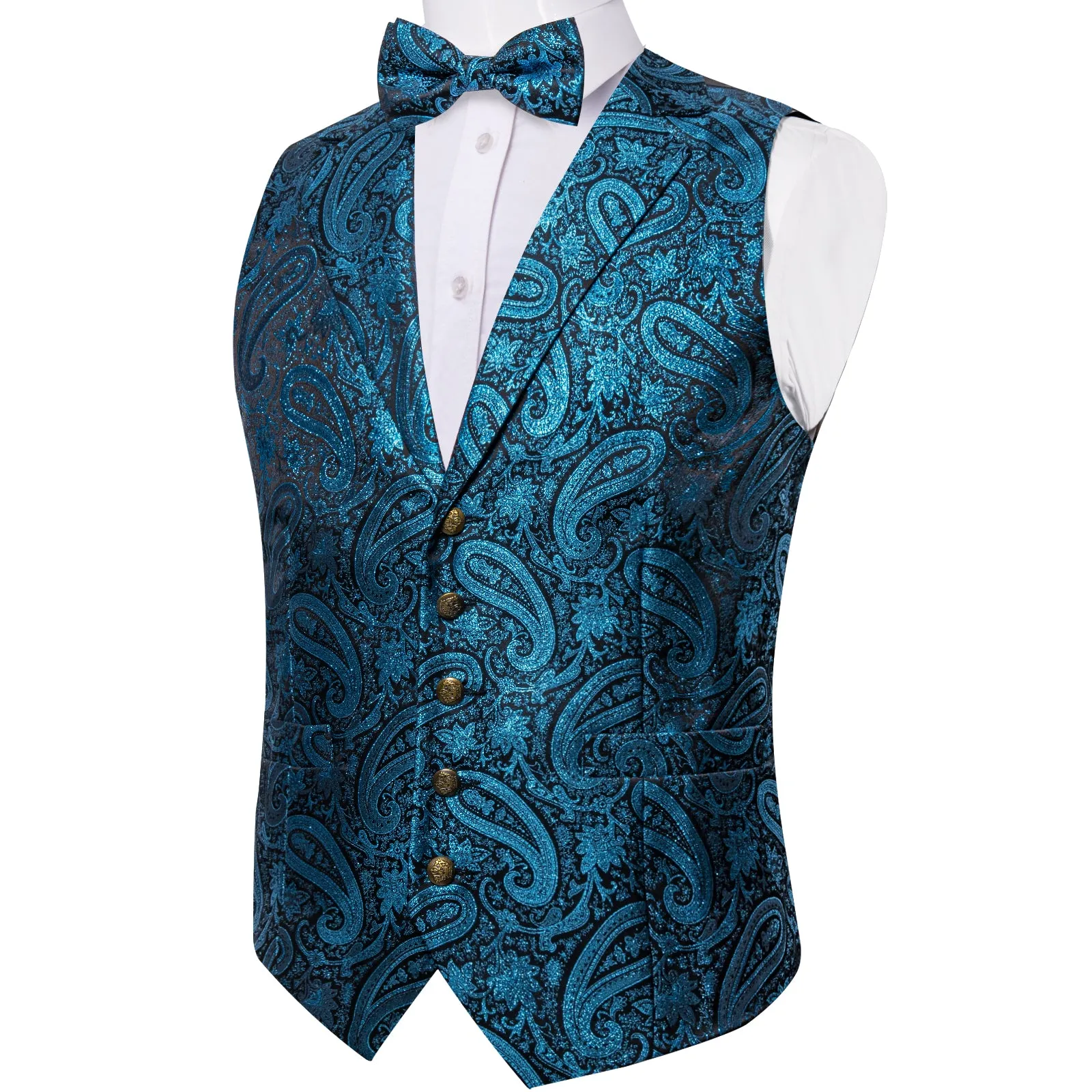 Lake Blue Paisley Jacquard Silk Men's Collar Vest Bow Tie Handkerchief Cufflinks Set