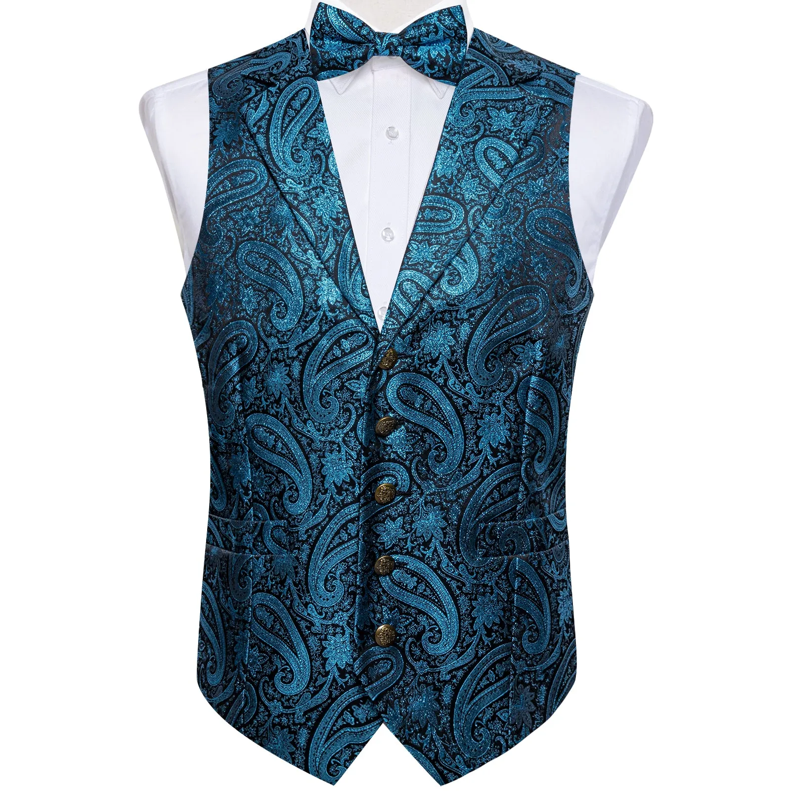 Lake Blue Paisley Jacquard Silk Men's Collar Vest Bow Tie Handkerchief Cufflinks Set