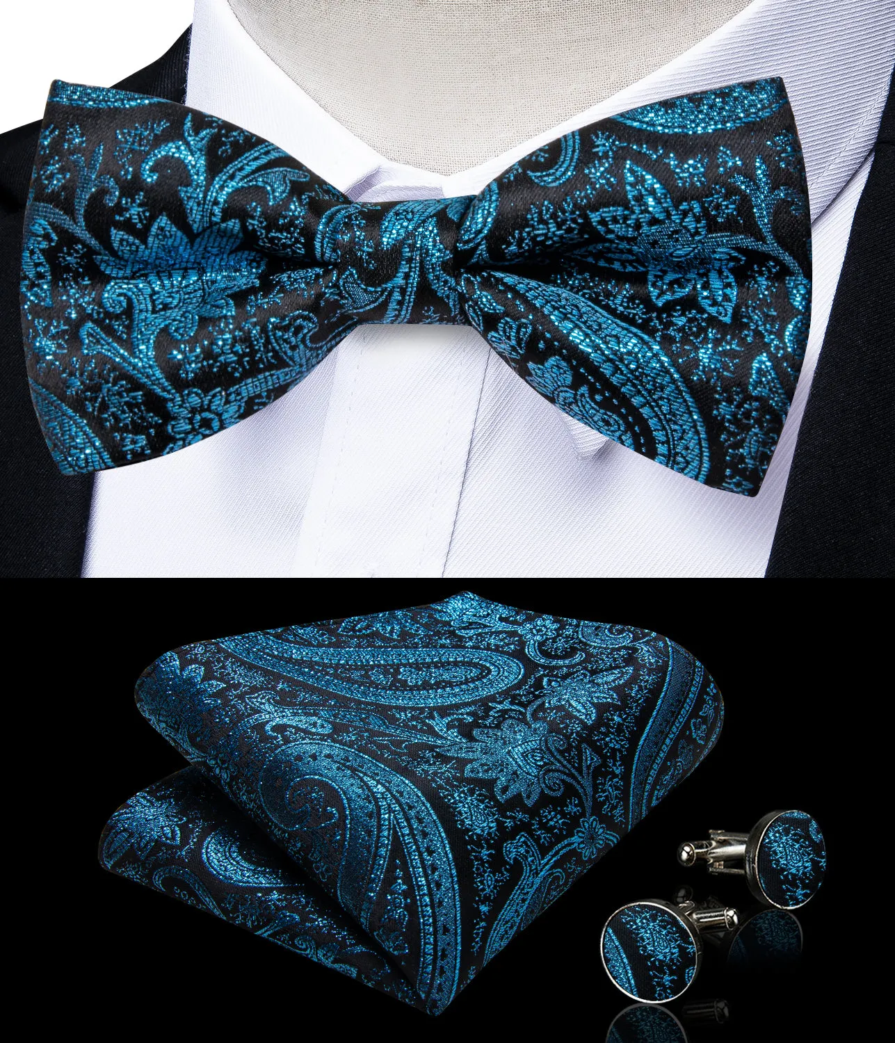 Lake Blue Paisley Jacquard Silk Men's Collar Vest Bow Tie Handkerchief Cufflinks Set