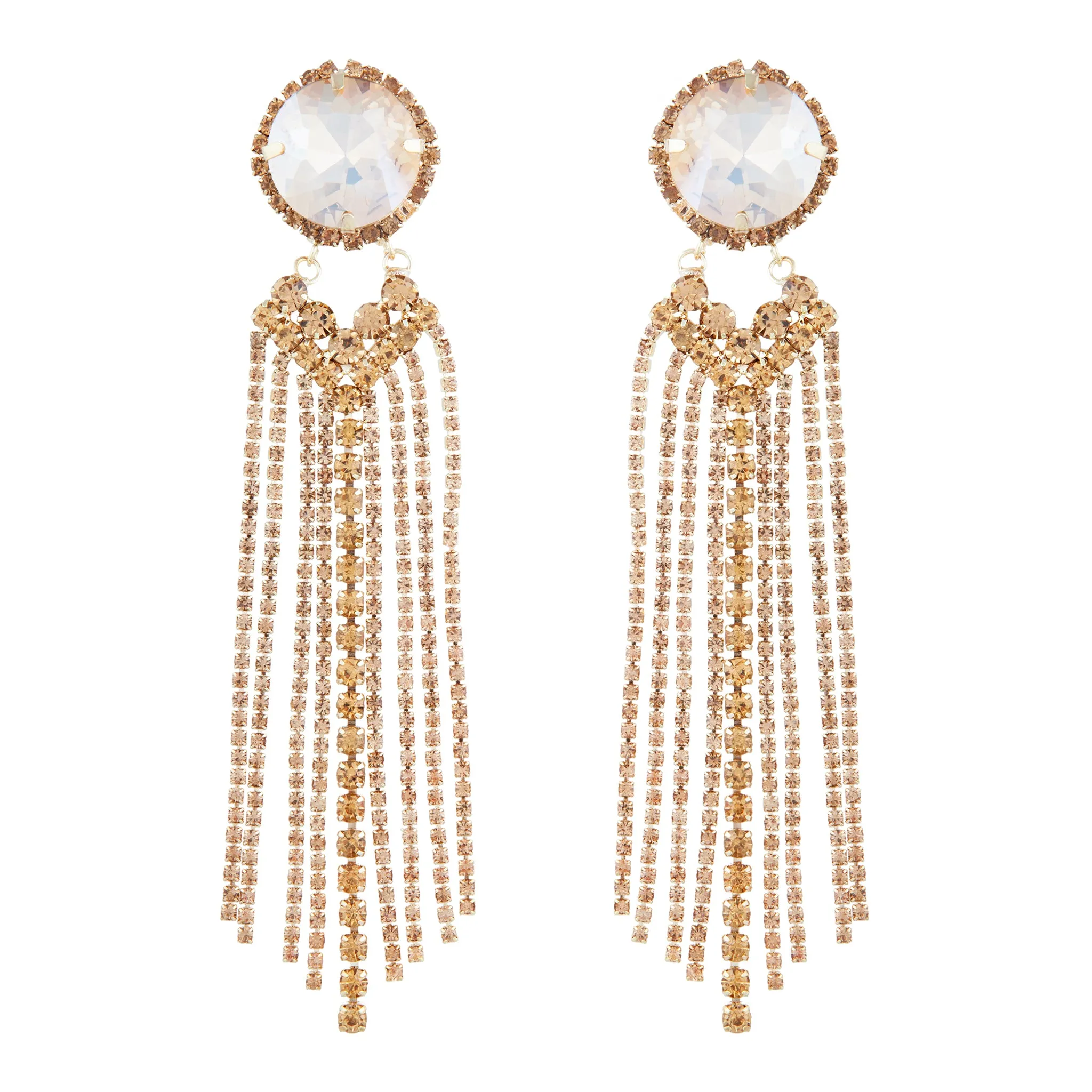 Large Glass Stone With Gold Diamante Tassels Earrings