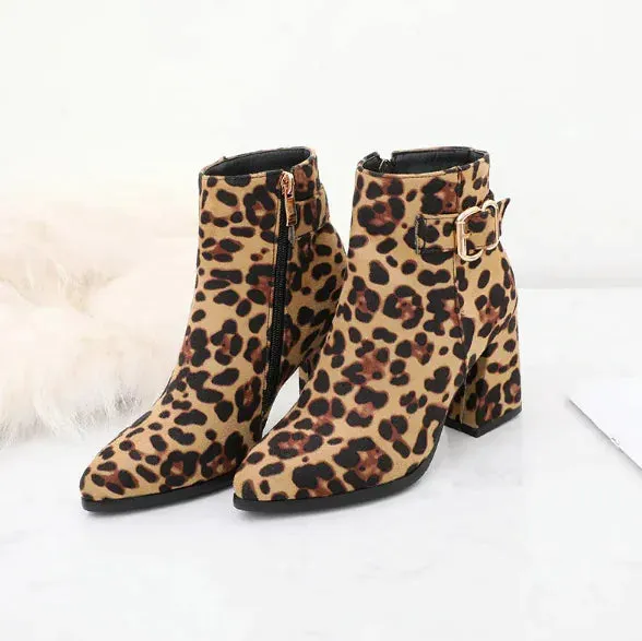 Leopard Print Chunky Heel Boots