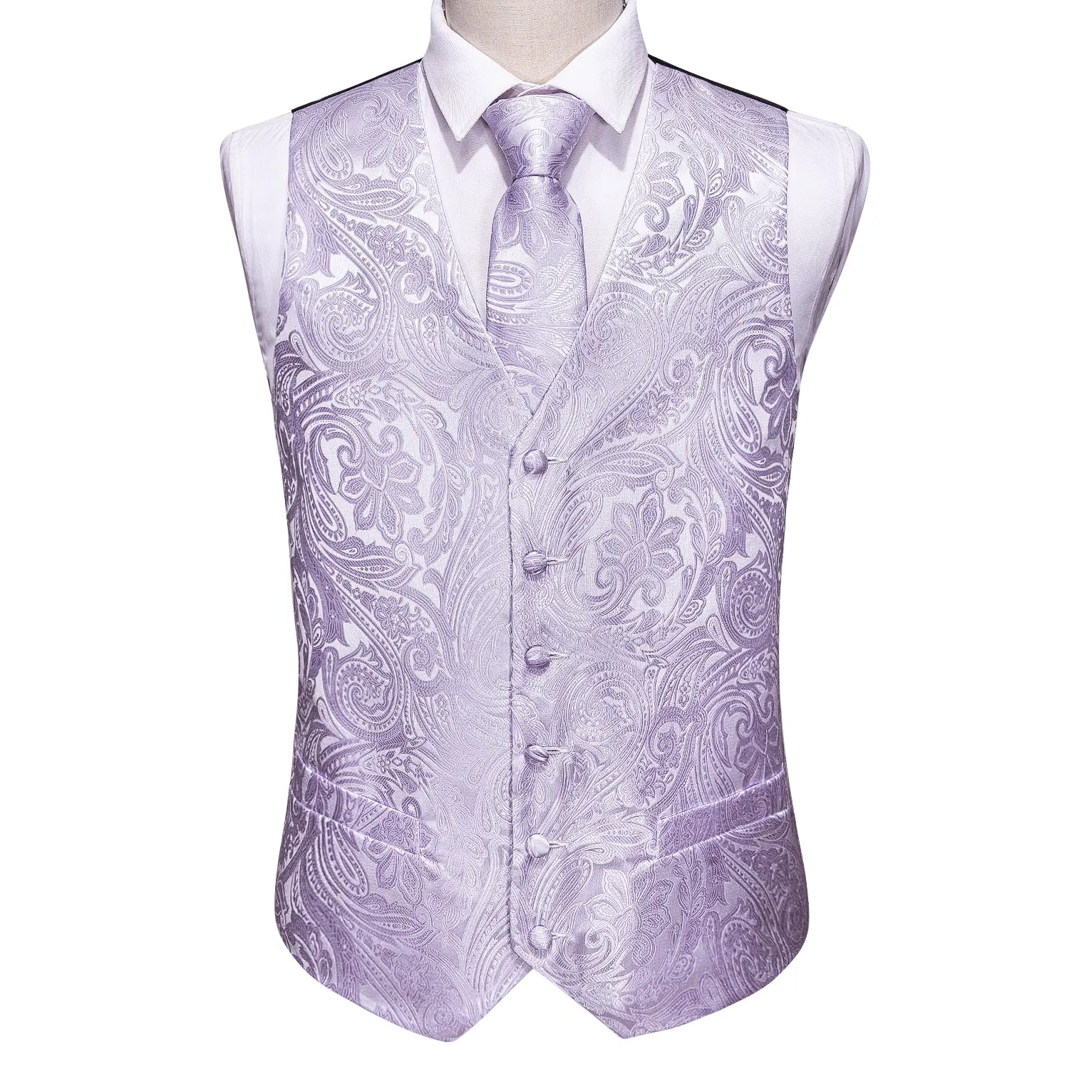 Light Purple Paisley Jacquard Silk Men's Vest Hanky Cufflinks Tie Set