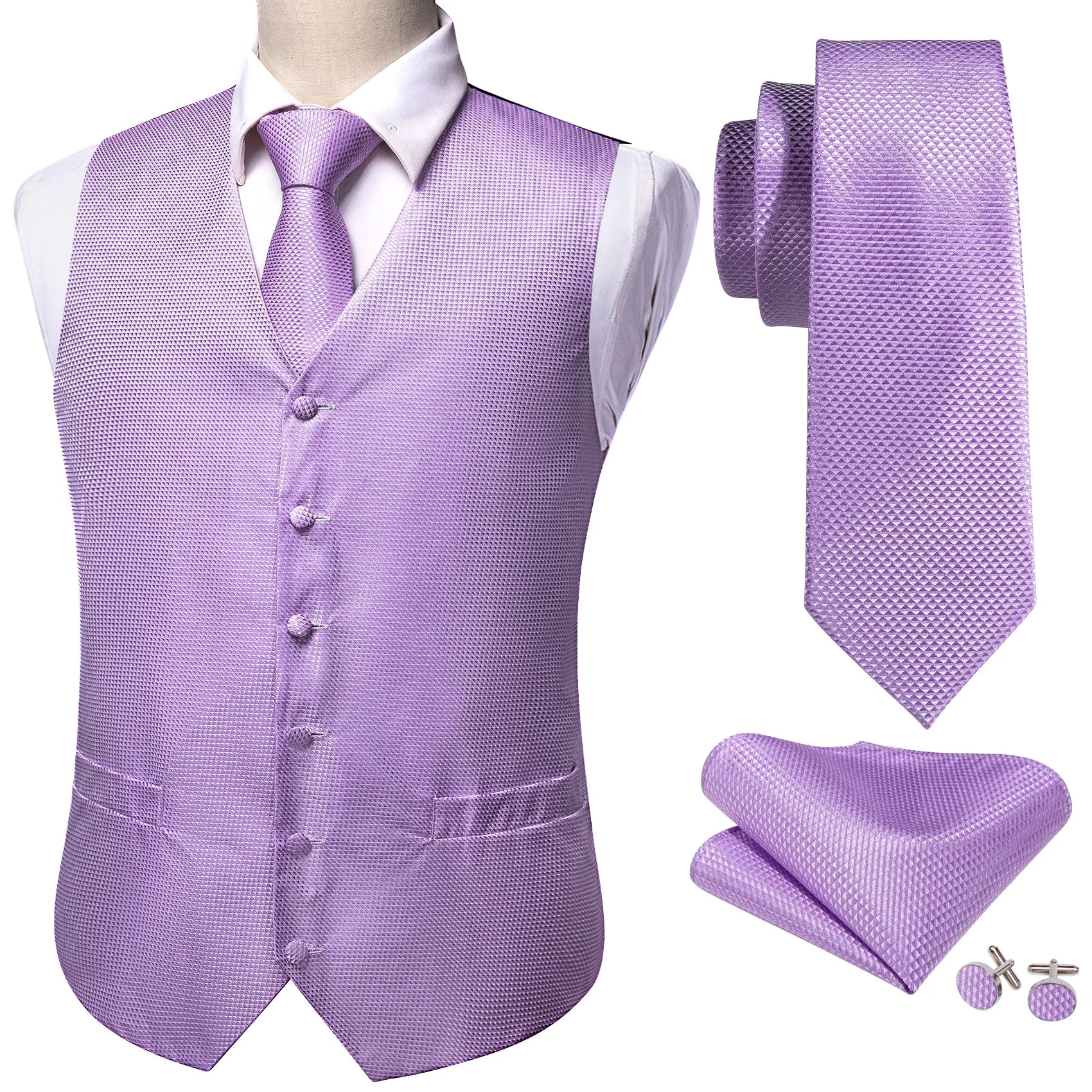 Light Purple Plaid Jacquard Silk Men's Vest Hanky Cufflinks Tie Set