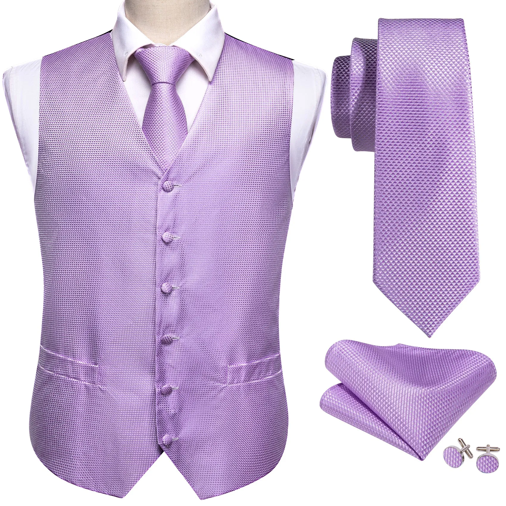 Light Purple Plaid Jacquard Silk Men's Vest Hanky Cufflinks Tie Set