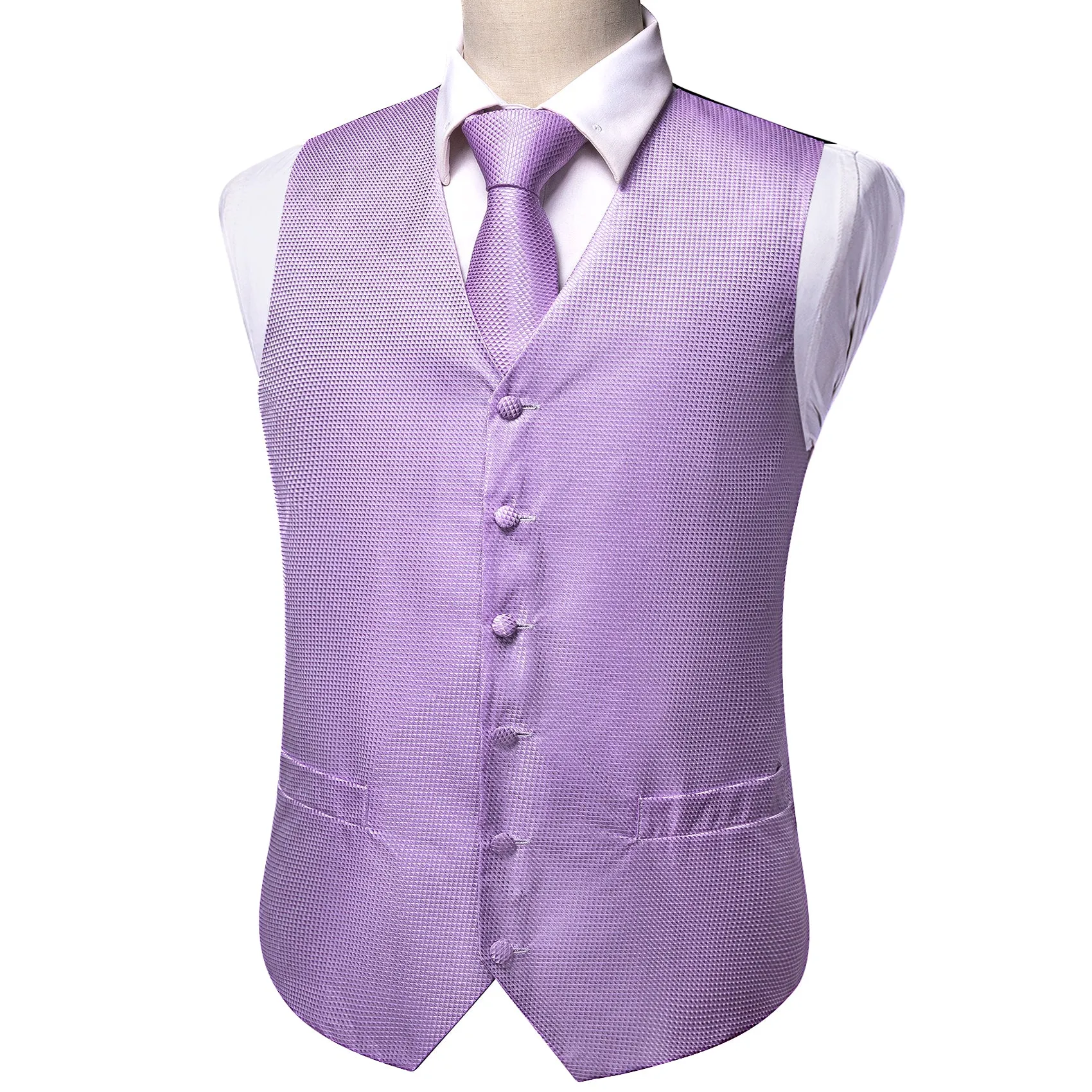 Light Purple Plaid Jacquard Silk Men's Vest Hanky Cufflinks Tie Set