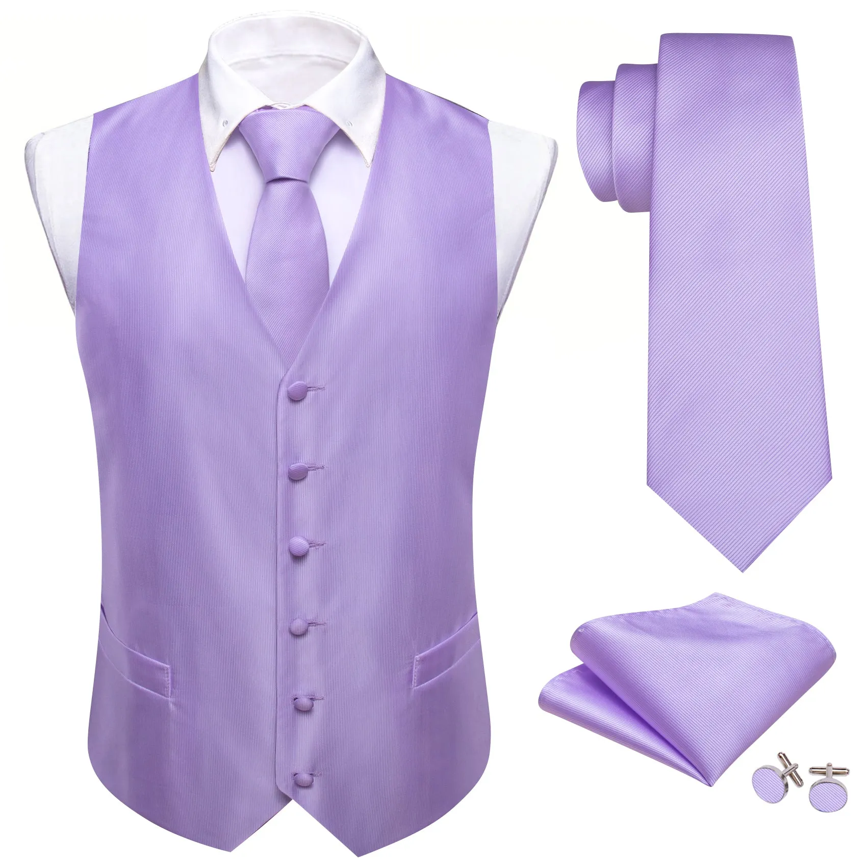 Light Purple Silk Men's Vest Hanky Cufflinks Tie Set