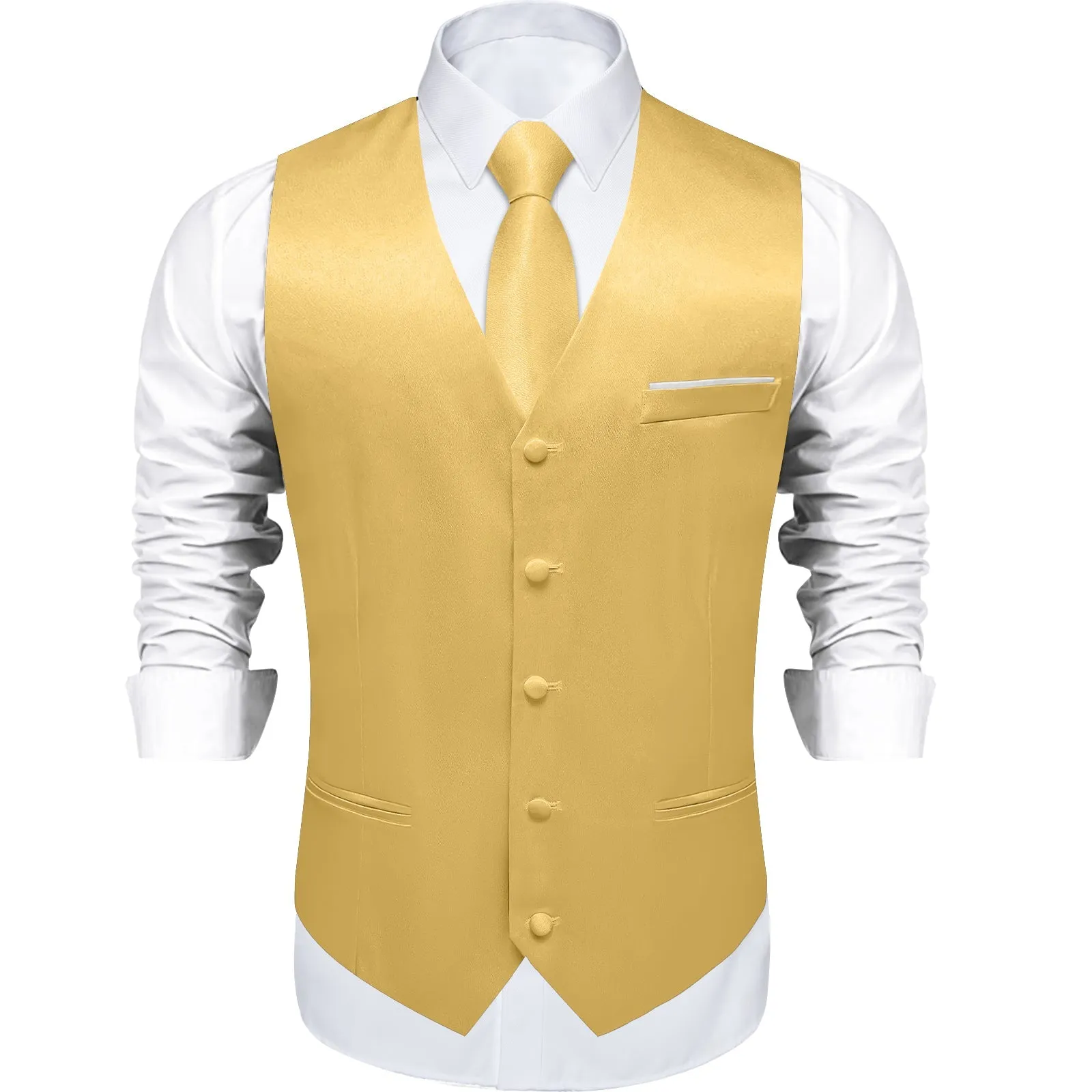 Light Yellow Solid Shining Silk Formal Men's Vest Hanky Cufflinks Tie Set