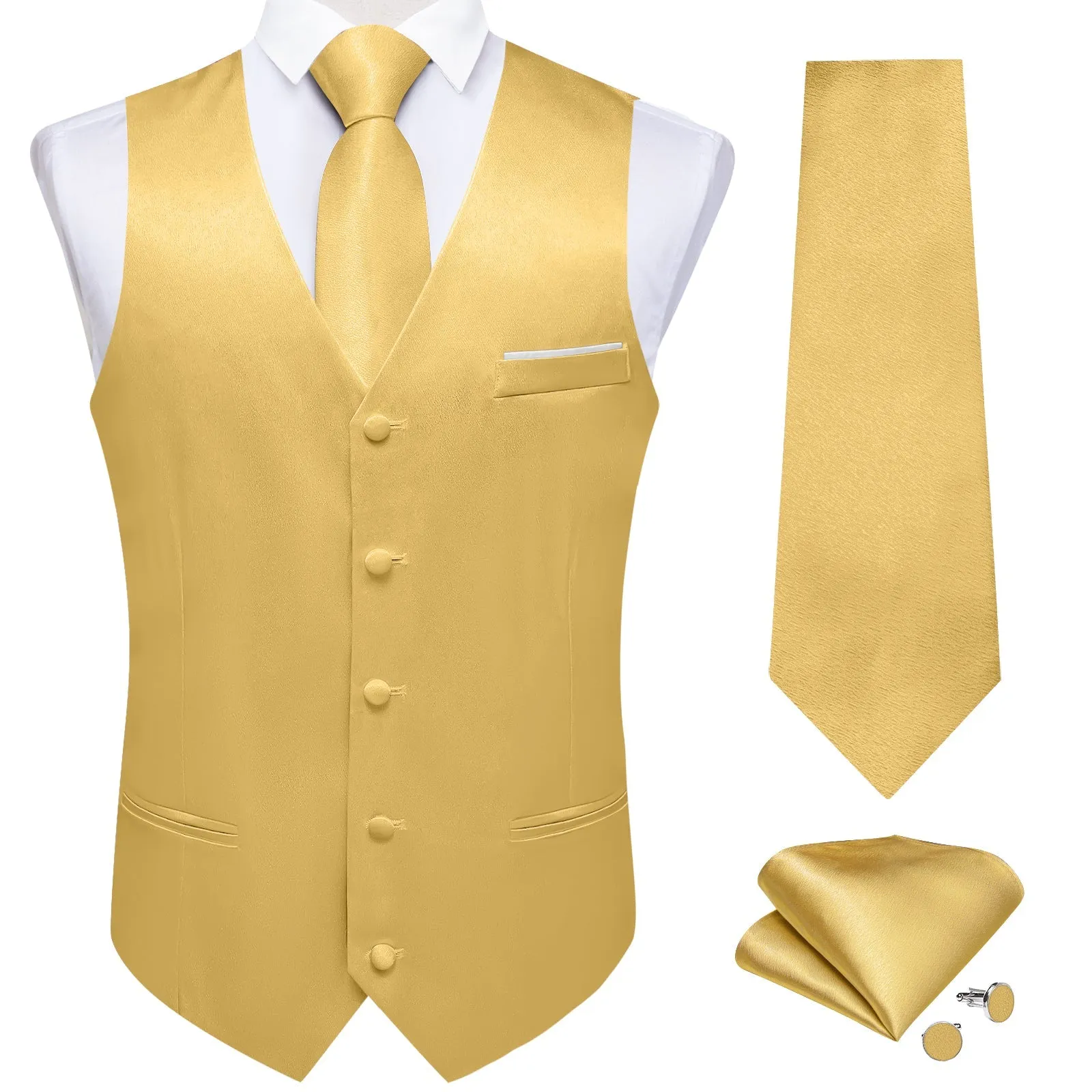 Light Yellow Solid Shining Silk Formal Men's Vest Hanky Cufflinks Tie Set