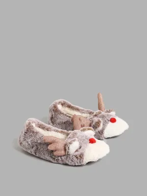 LUNA BLU Comfortable Brown Reindeer Face Design Fur Ballet Shoes