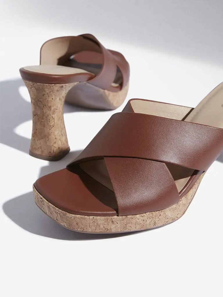 LUNA BLU Tan Criss-Cross Design Block Sandals