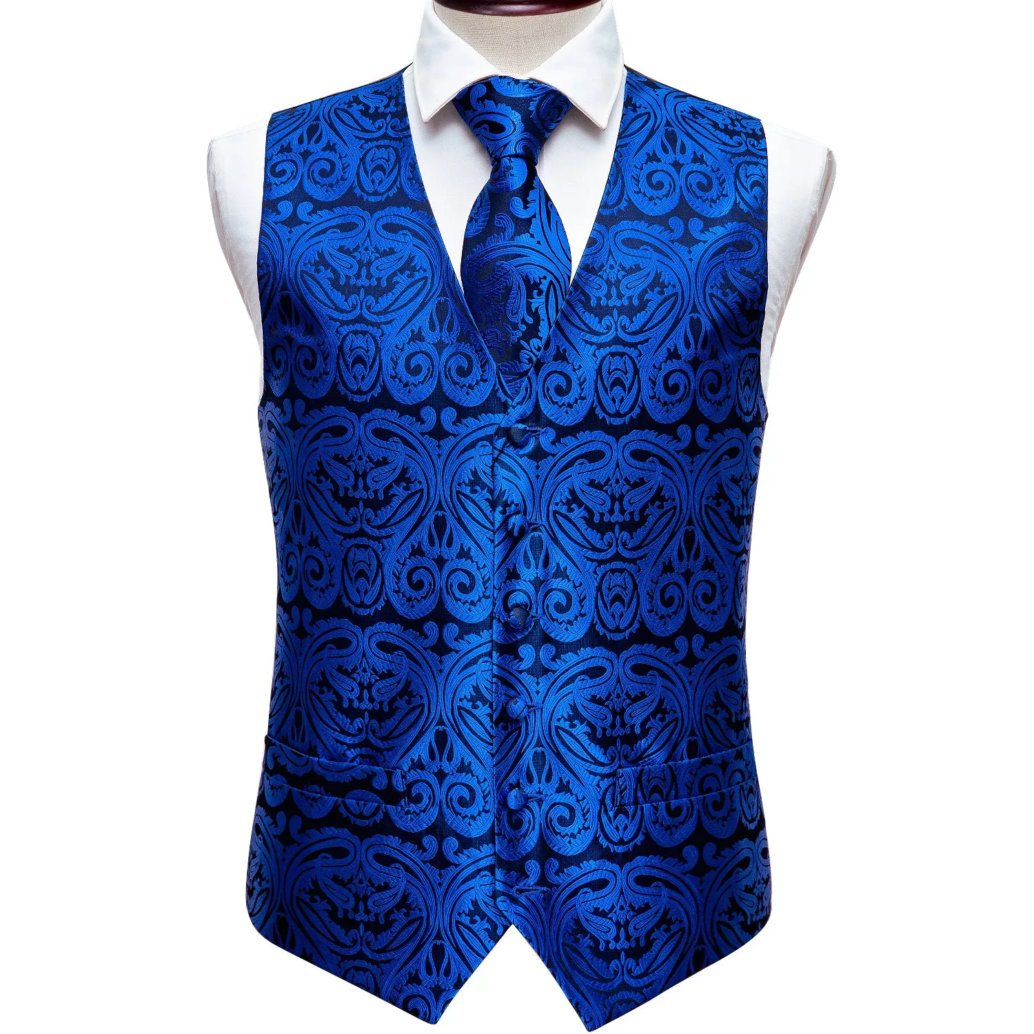 Men's  Blue Paisley Silk Men's Vest Hanky Cufflinks Tie Set