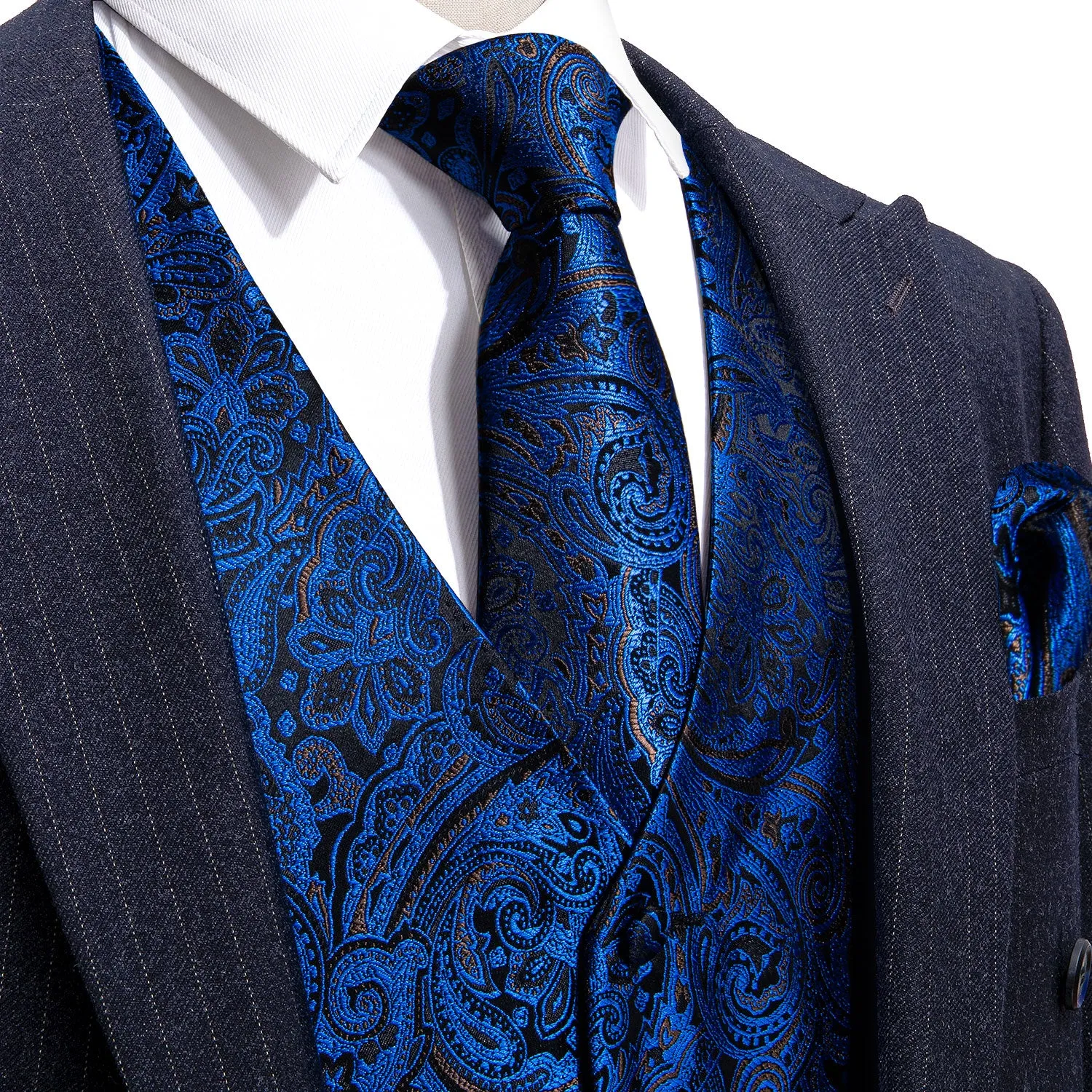 Navy Blue Paisley Men's Vest Tie Hanky Cufflinks Set Waistcoat Suit Set