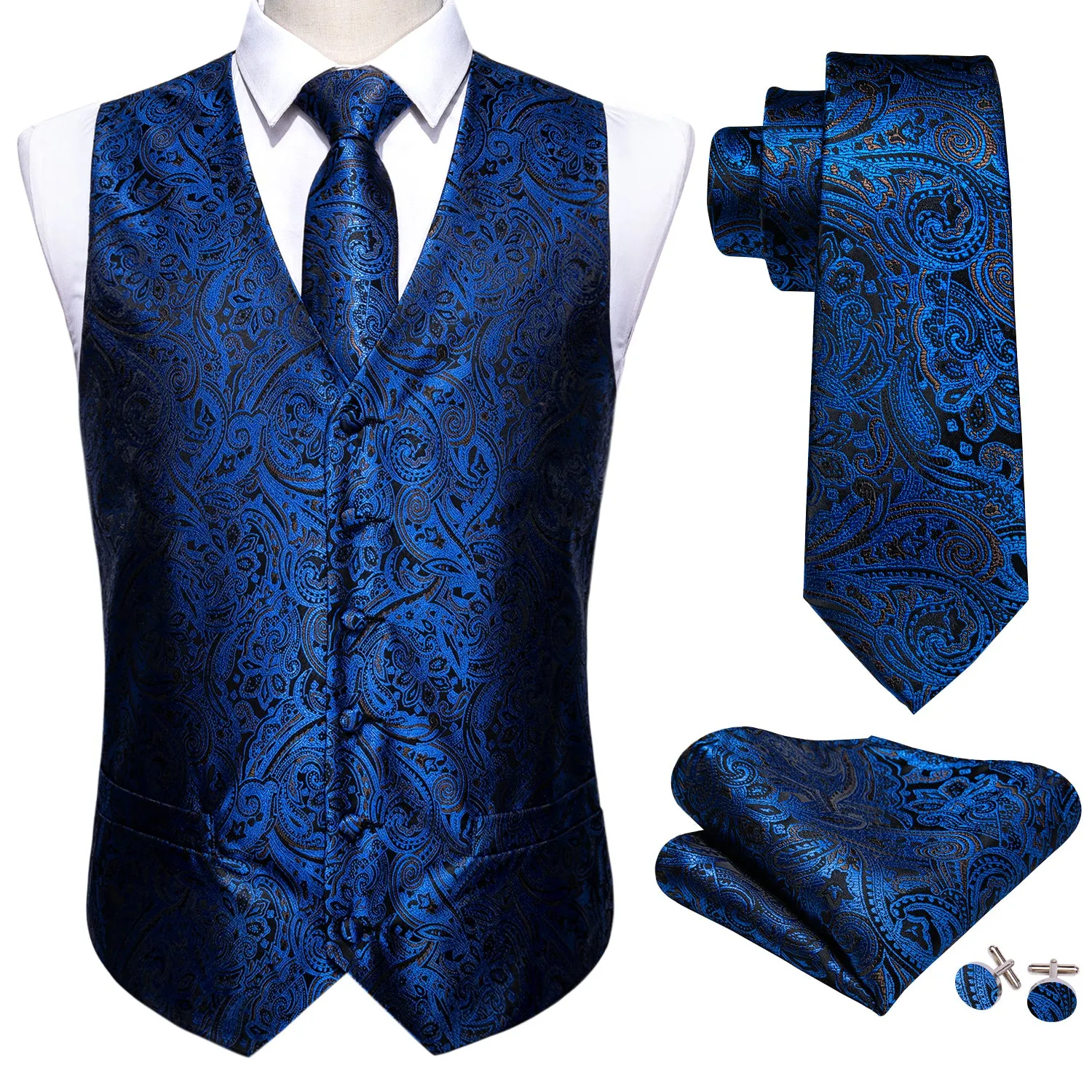 Navy Blue Paisley Men's Vest Tie Hanky Cufflinks Set Waistcoat Suit Set