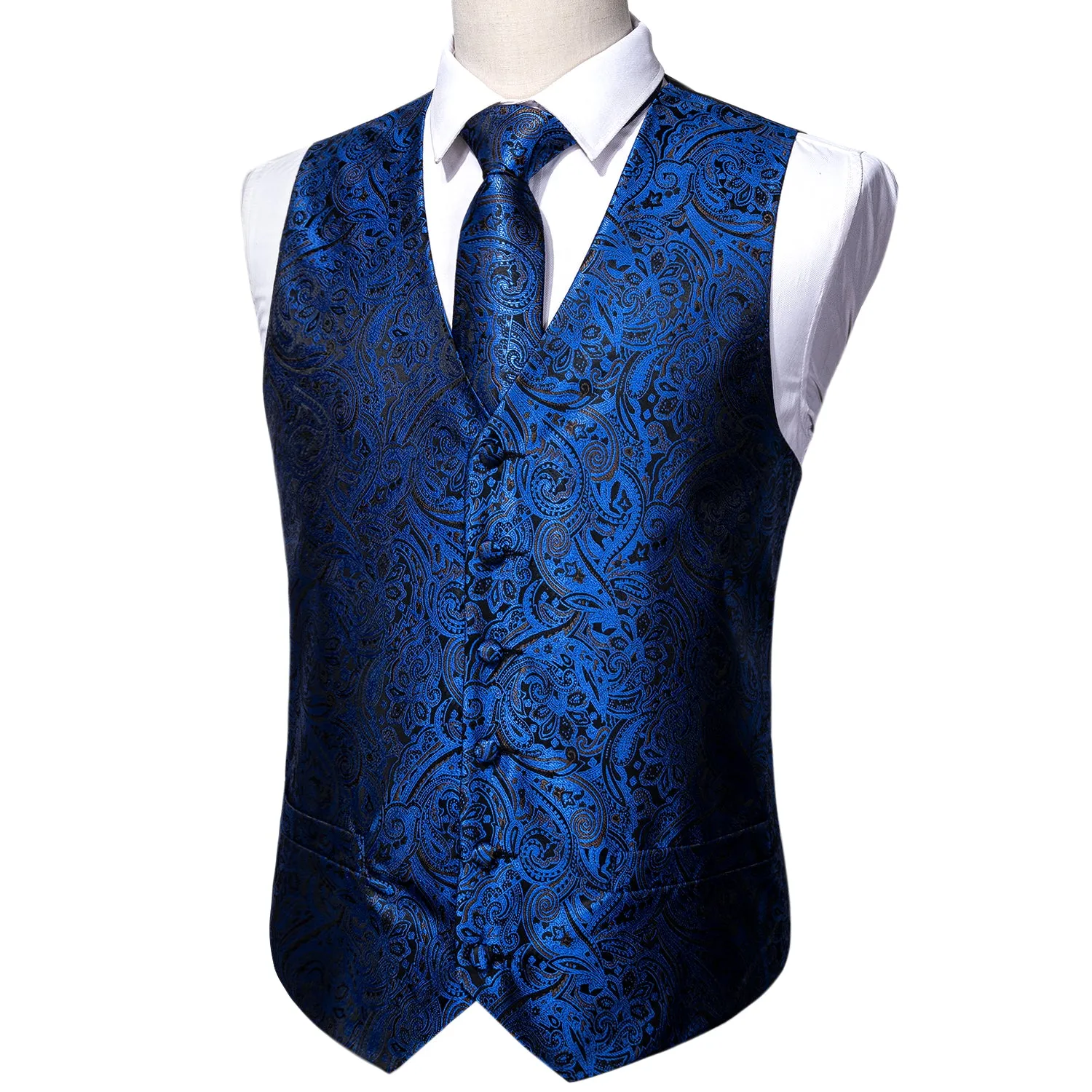 Navy Blue Paisley Men's Vest Tie Hanky Cufflinks Set Waistcoat Suit Set