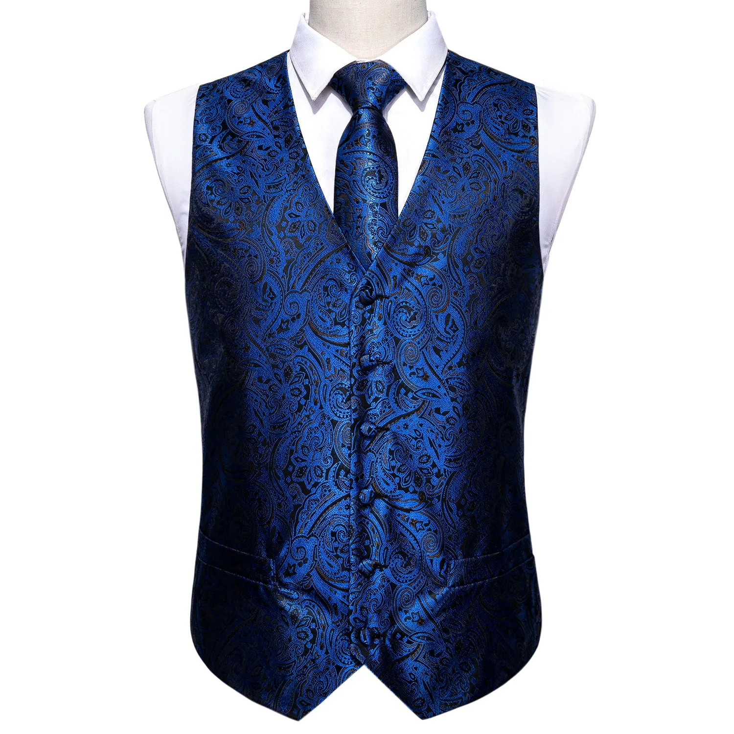 Navy Blue Paisley Men's Vest Tie Hanky Cufflinks Set Waistcoat Suit Set