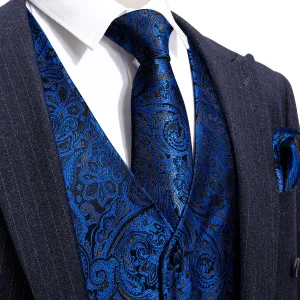 Navy Blue Paisley Men's Vest Tie Hanky Cufflinks Set Waistcoat Suit Set