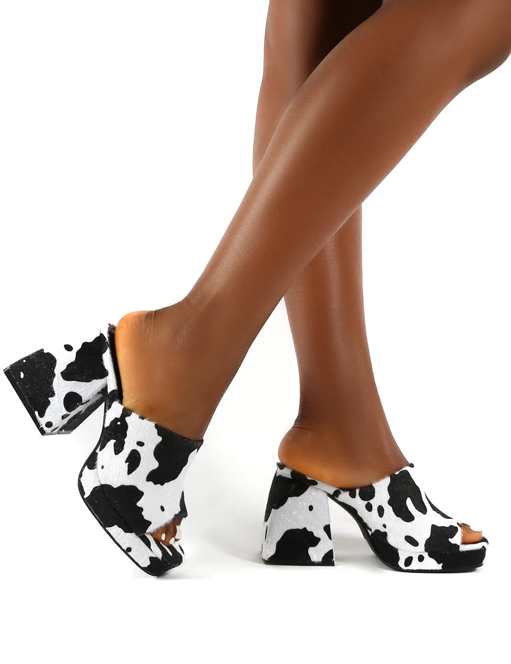 Oreo Cow Print Wide Fit Chunky Heel Mules