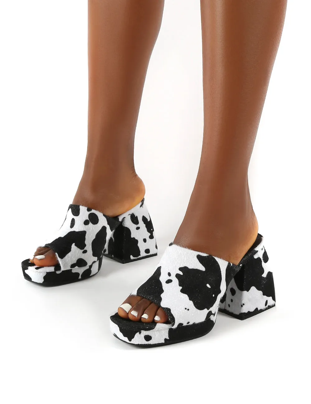 Oreo Cow Print Wide Fit Chunky Heel Mules