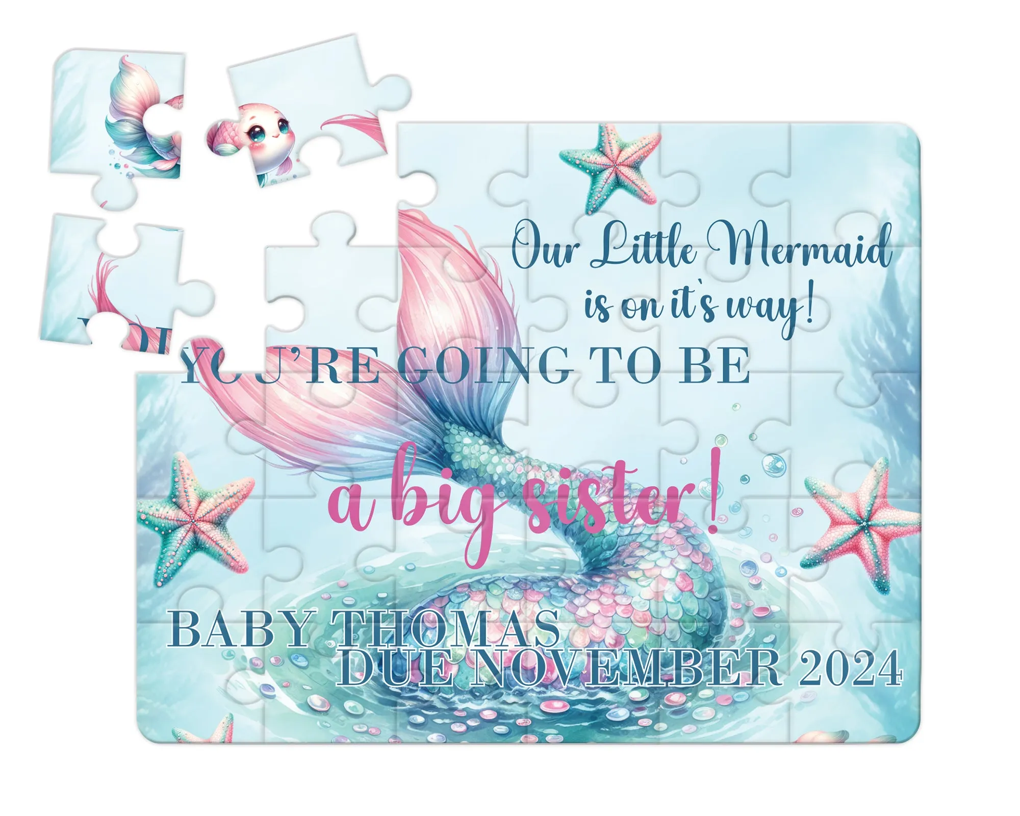 Our Little Mermaid is on it's Way, 30pce Wooden Puzzle, Baby Announcement