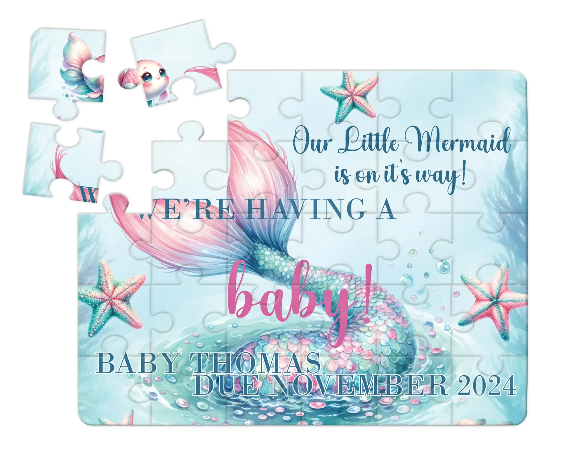 Our Little Mermaid is on it's Way, 30pce Wooden Puzzle, Baby Announcement