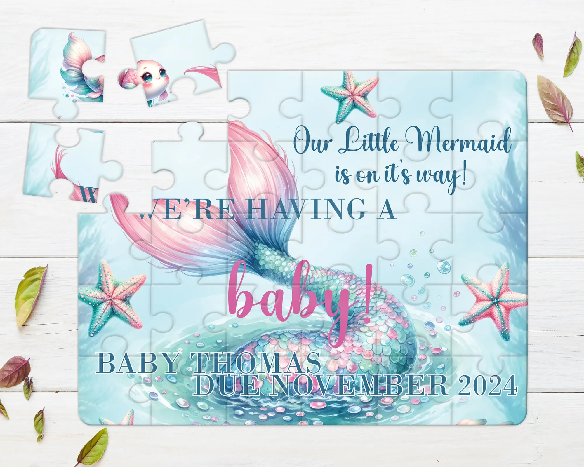 Our Little Mermaid is on it's Way, 30pce Wooden Puzzle, Baby Announcement