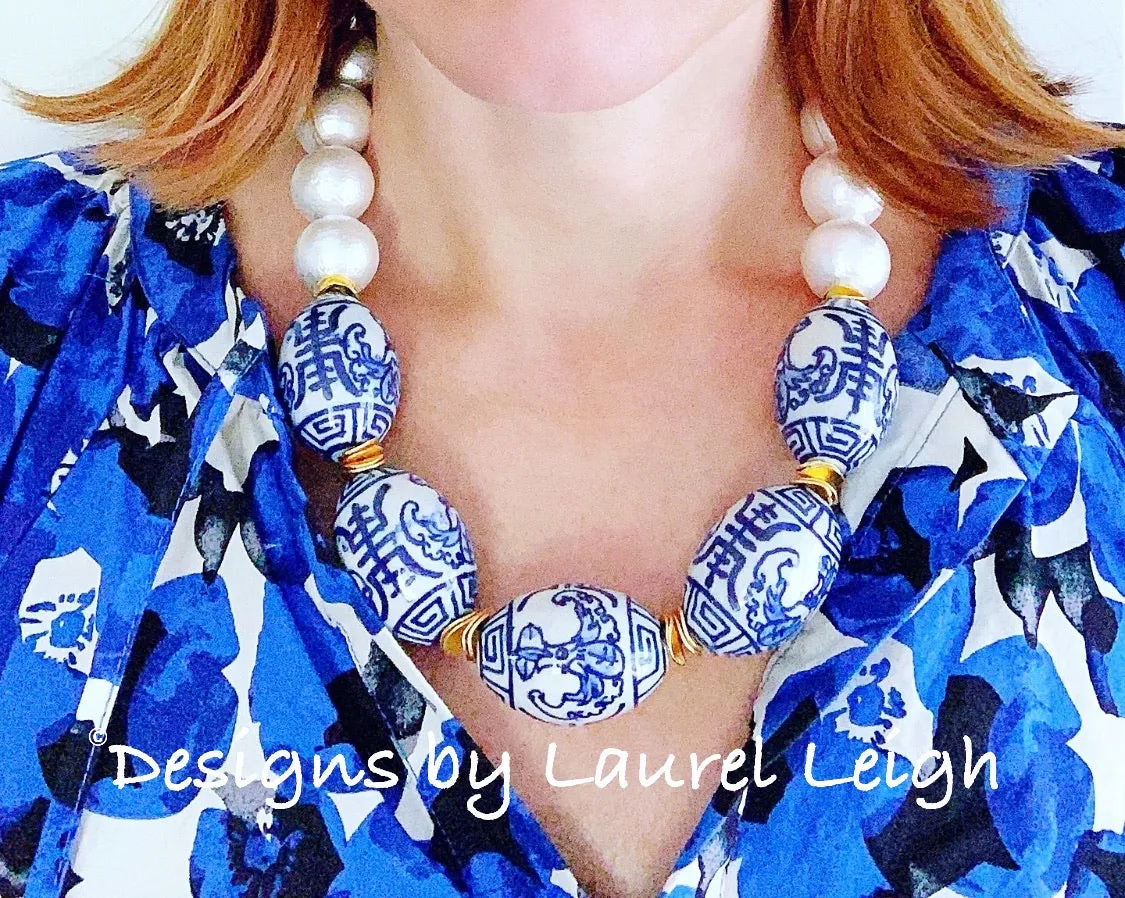 Oval Chinoiserie Focal Bead & Pearl Statement Necklace