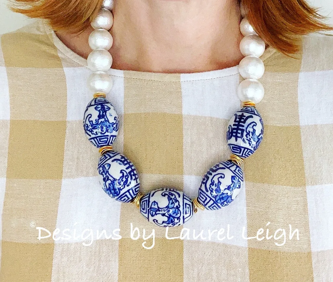 Oval Chinoiserie Focal Bead & Pearl Statement Necklace