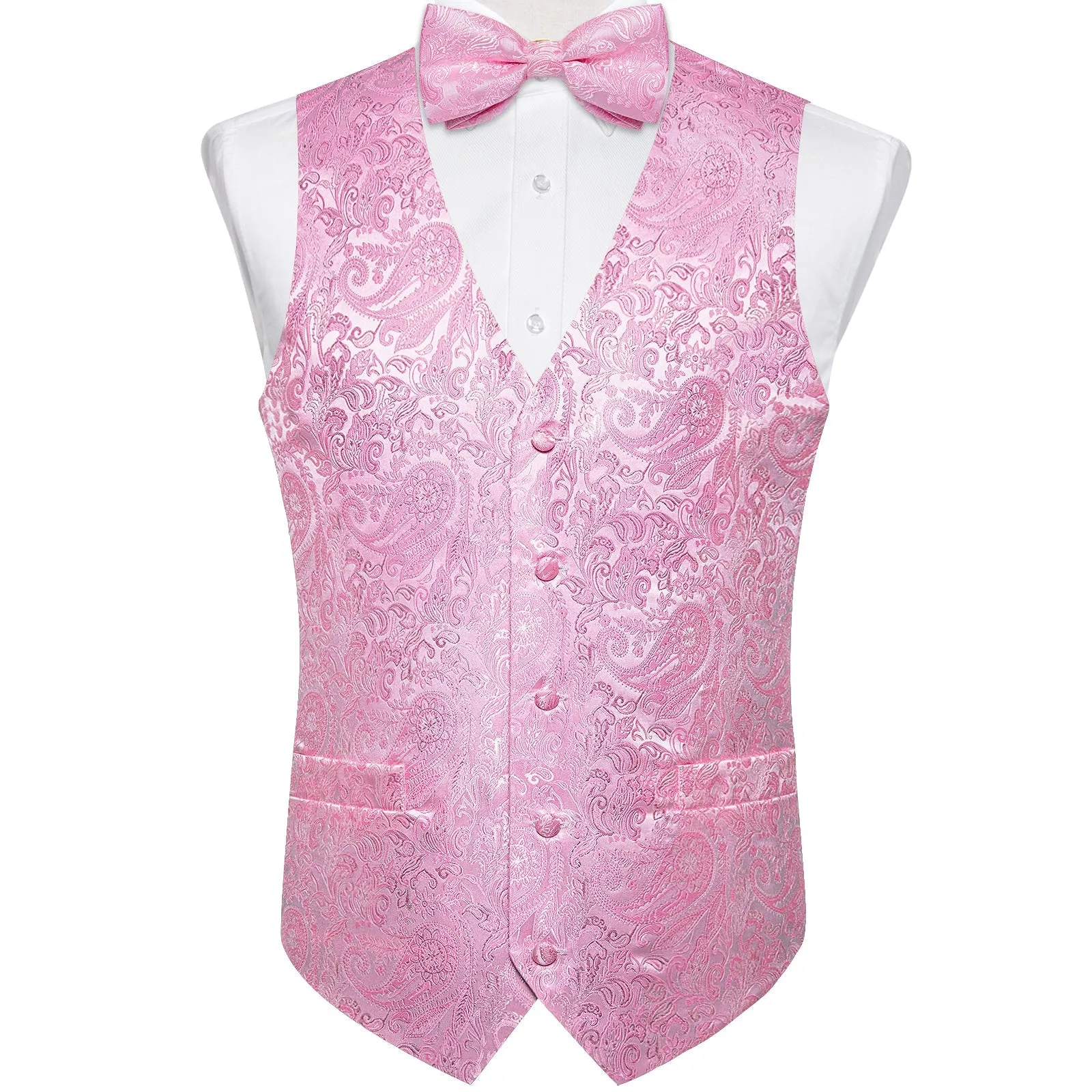 Pink Paisley Men's V-Neck Vest Bowtie Hanky Cufflinks Set Waistcoat Suit Set