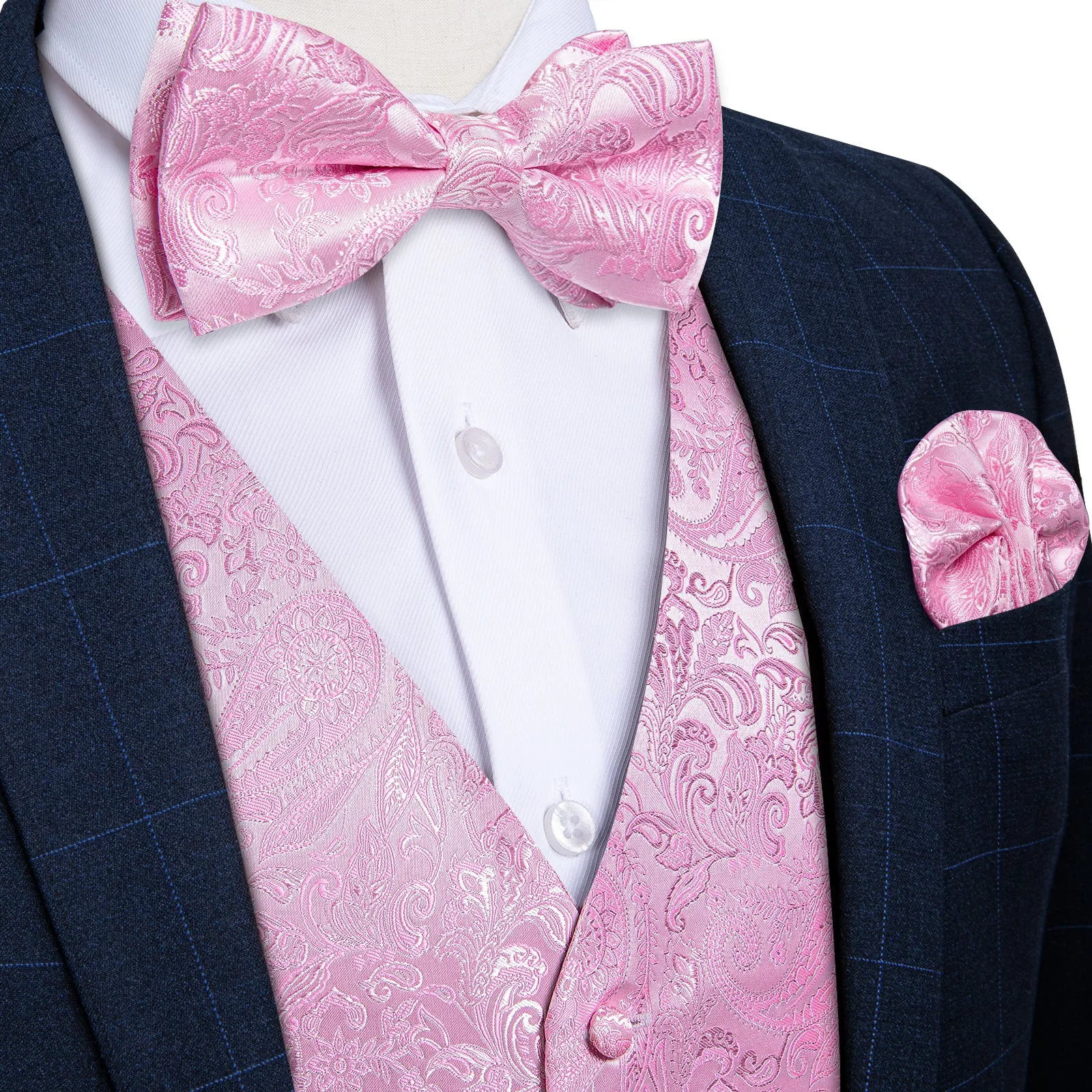 Pink Paisley Men's V-Neck Vest Bowtie Hanky Cufflinks Set Waistcoat Suit Set