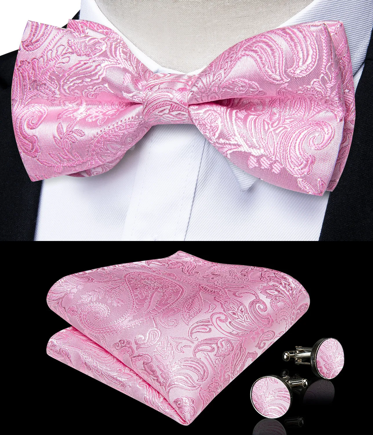 Pink Paisley Men's V-Neck Vest Bowtie Hanky Cufflinks Set Waistcoat Suit Set