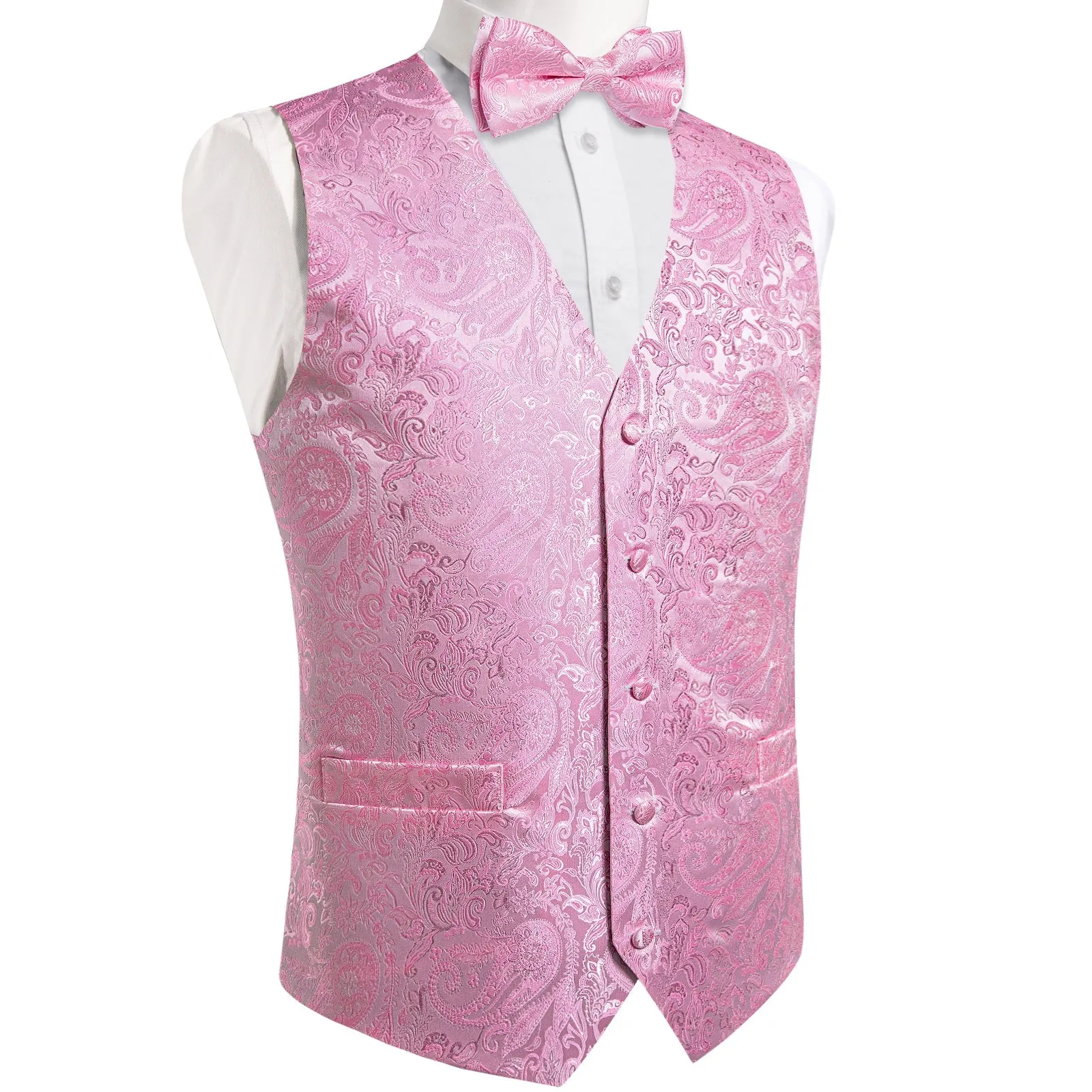 Pink Paisley Men's V-Neck Vest Bowtie Hanky Cufflinks Set Waistcoat Suit Set