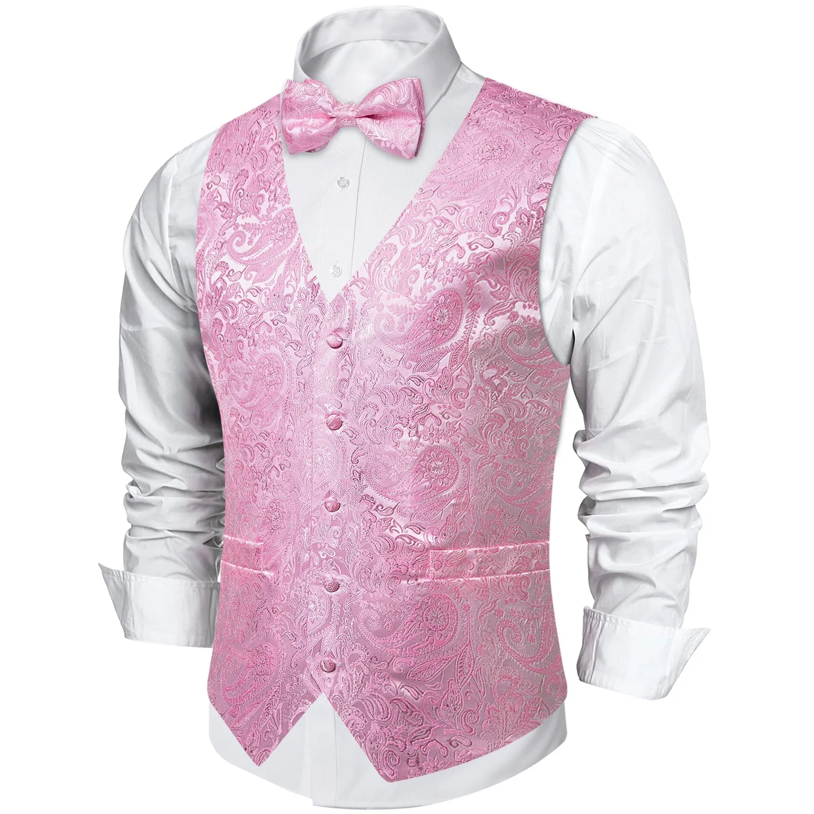 Pink Paisley Men's V-Neck Vest Bowtie Hanky Cufflinks Set Waistcoat Suit Set