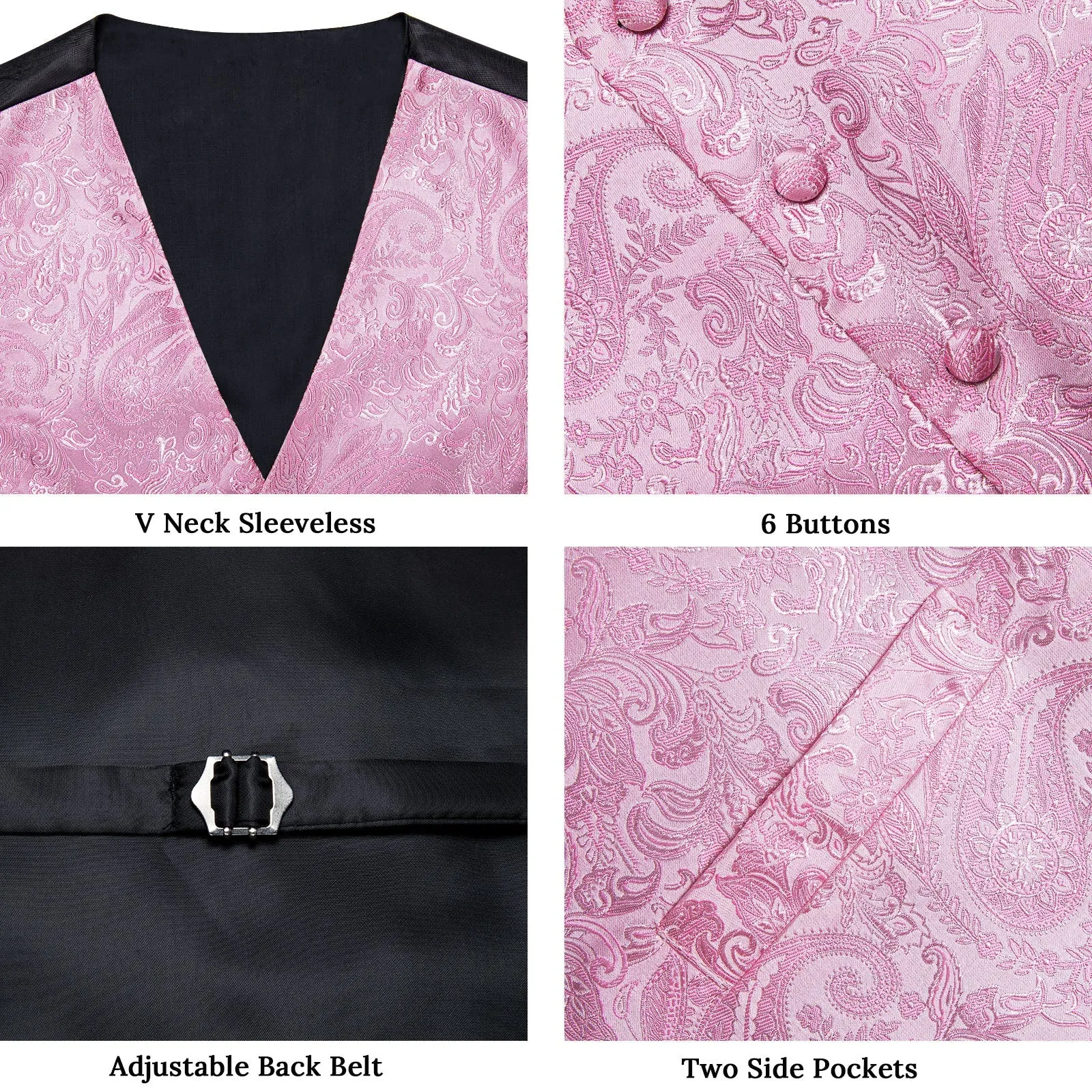 Pink Paisley Men's V-Neck Vest Bowtie Hanky Cufflinks Set Waistcoat Suit Set