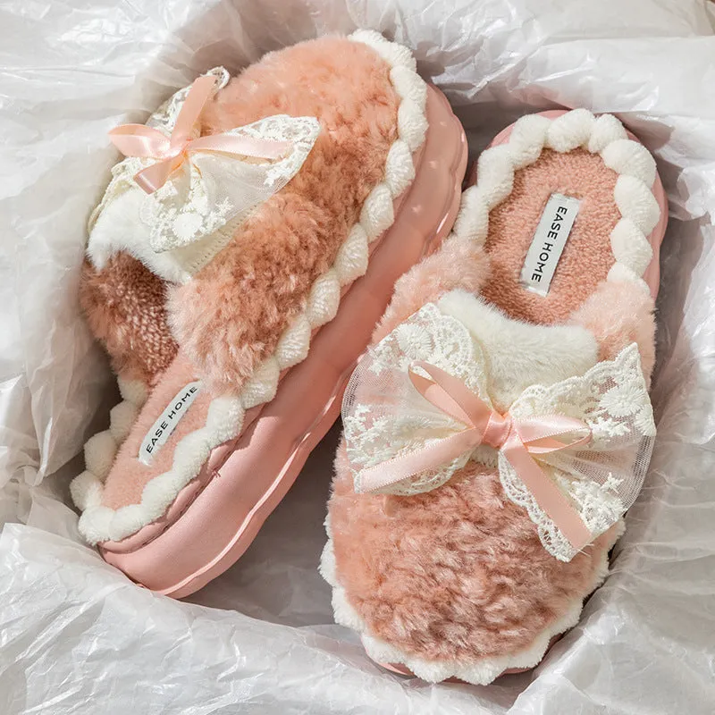 Platform Slippers with Lace Bow for Women