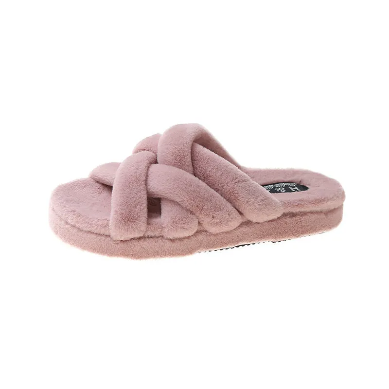 Plush Woven Cross Strap Slippers for Women