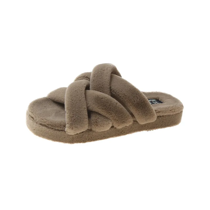 Plush Woven Cross Strap Slippers for Women