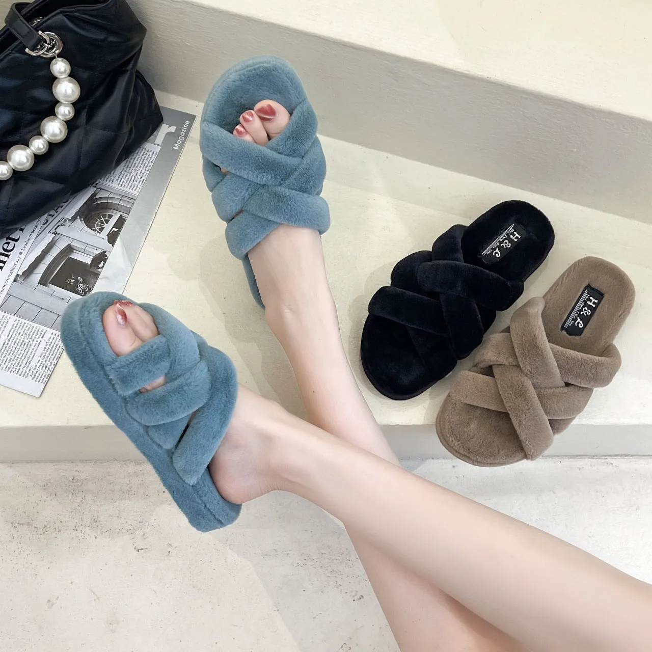 Plush Woven Cross Strap Slippers for Women