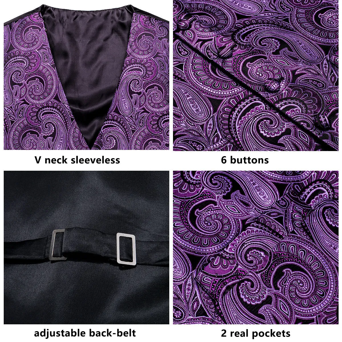 Purple Paisley Jacquard Silk Men's Vest Hanky Cufflinks Tie Set