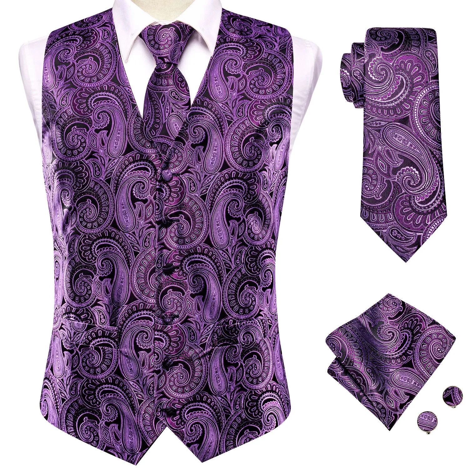 Purple Paisley Jacquard Silk Men's Vest Hanky Cufflinks Tie Set