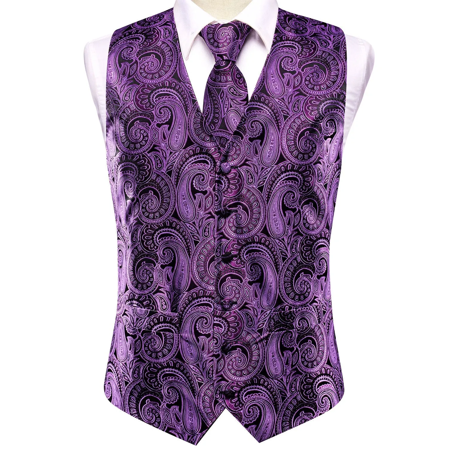 Purple Paisley Jacquard Silk Men's Vest Hanky Cufflinks Tie Set