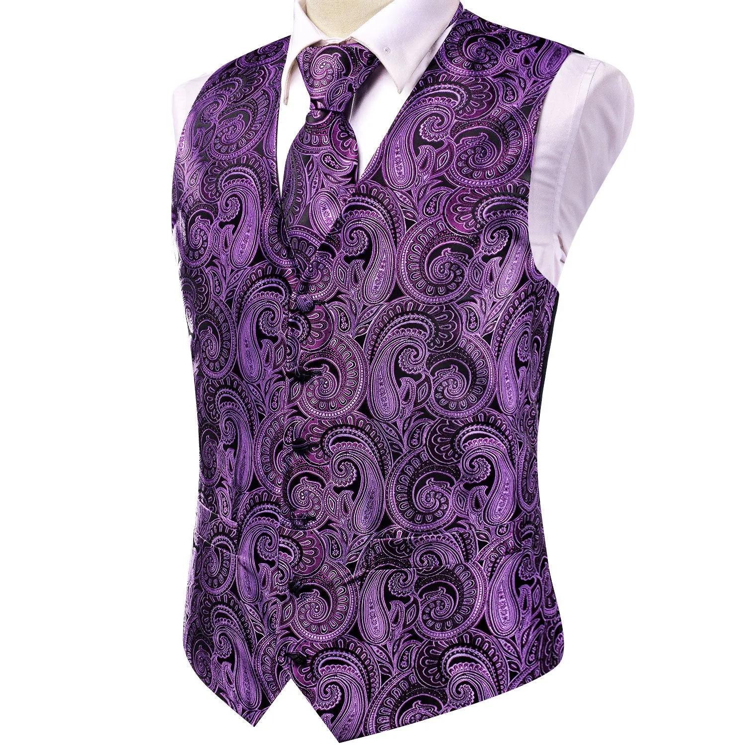 Purple Paisley Jacquard Silk Men's Vest Hanky Cufflinks Tie Set