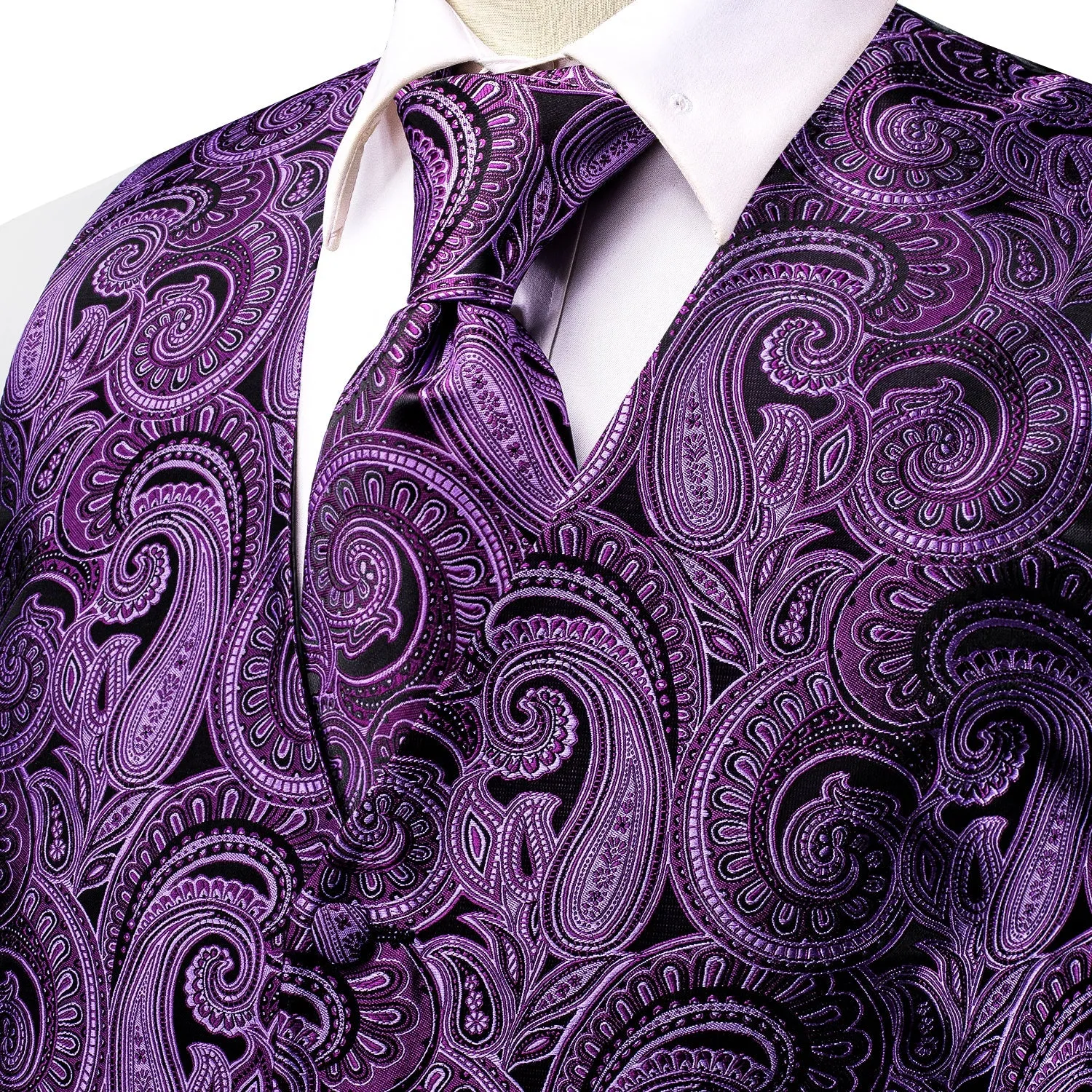 Purple Paisley Jacquard Silk Men's Vest Hanky Cufflinks Tie Set