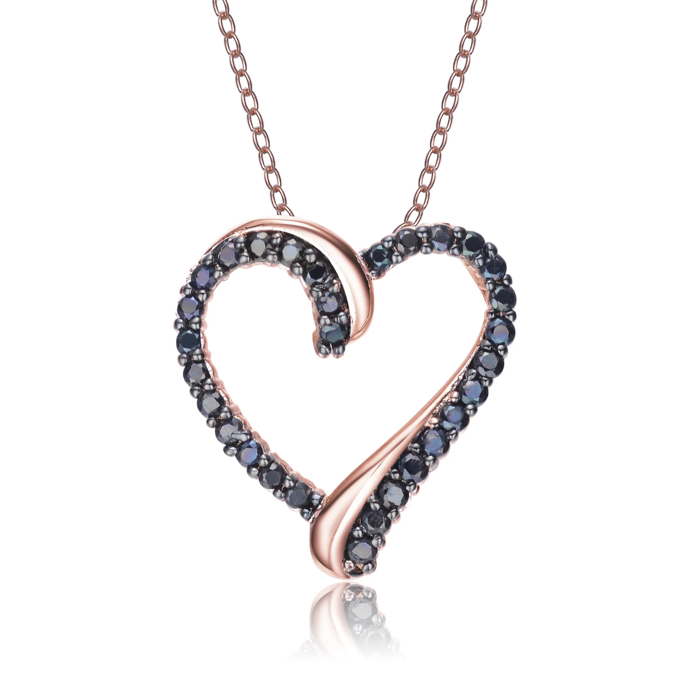 Rose and Black-plated Sterling Silver Cubic Zirconia Double Heart  Necklace