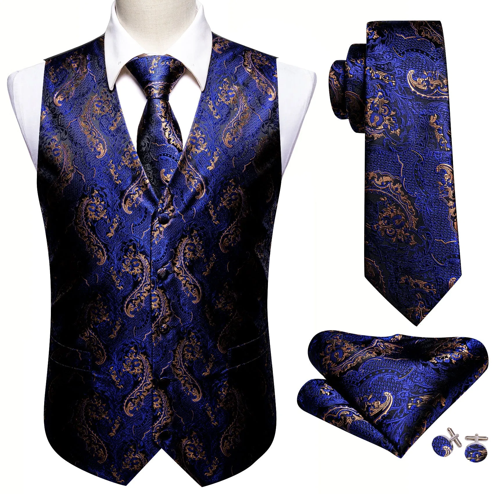 Royal Blue Brown Paisley Jacquard Silk Men's Vest Hanky Cufflinks Tie Set