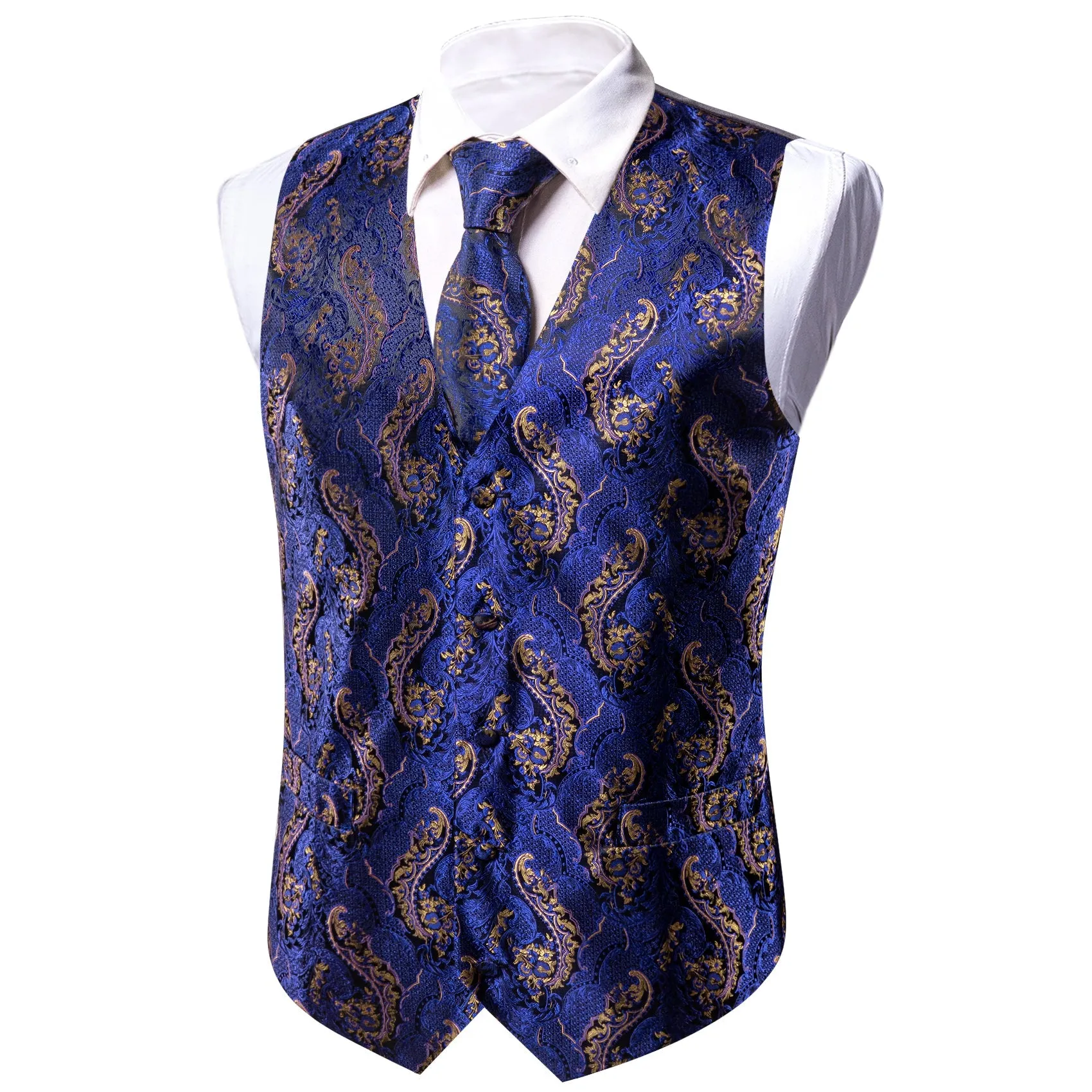 Royal Blue Brown Paisley Jacquard Silk Men's Vest Hanky Cufflinks Tie Set