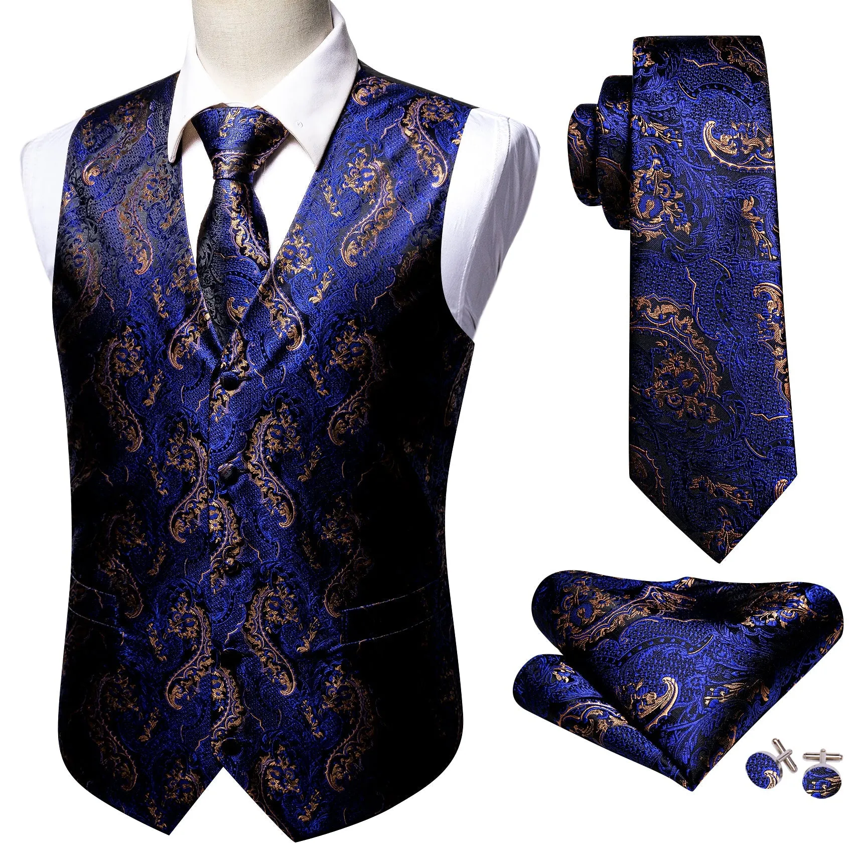 Royal Blue Brown Paisley Jacquard Silk Men's Vest Hanky Cufflinks Tie Set