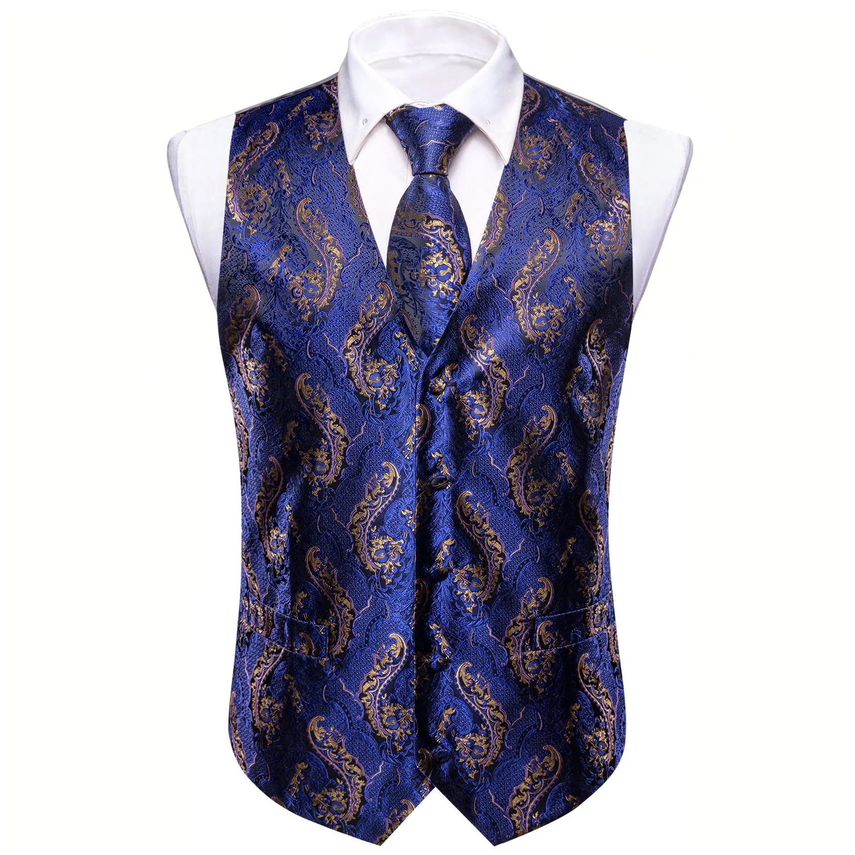 Royal Blue Brown Paisley Jacquard Silk Men's Vest Hanky Cufflinks Tie Set